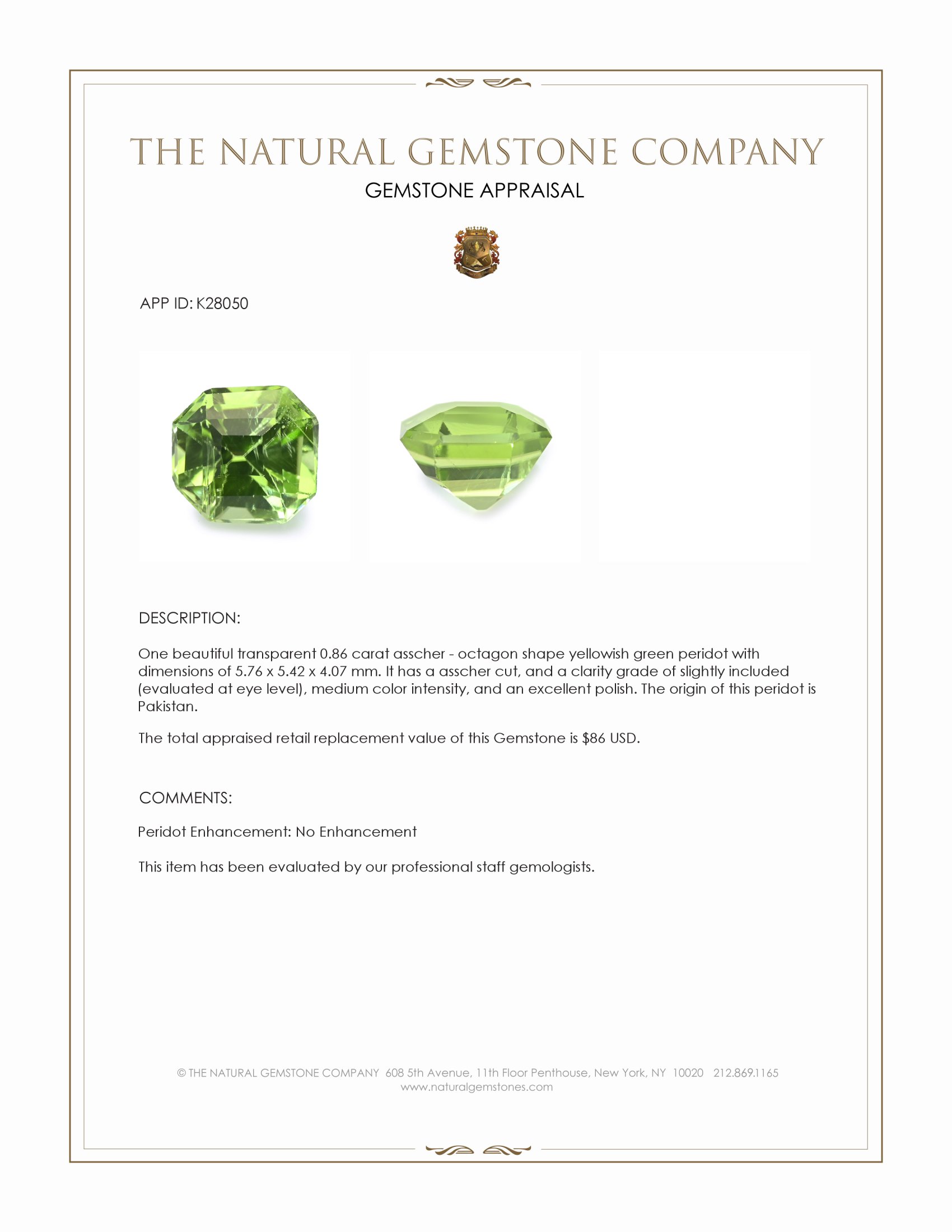 0.86 Ct. Yellowish Green Peridot from Pakistan