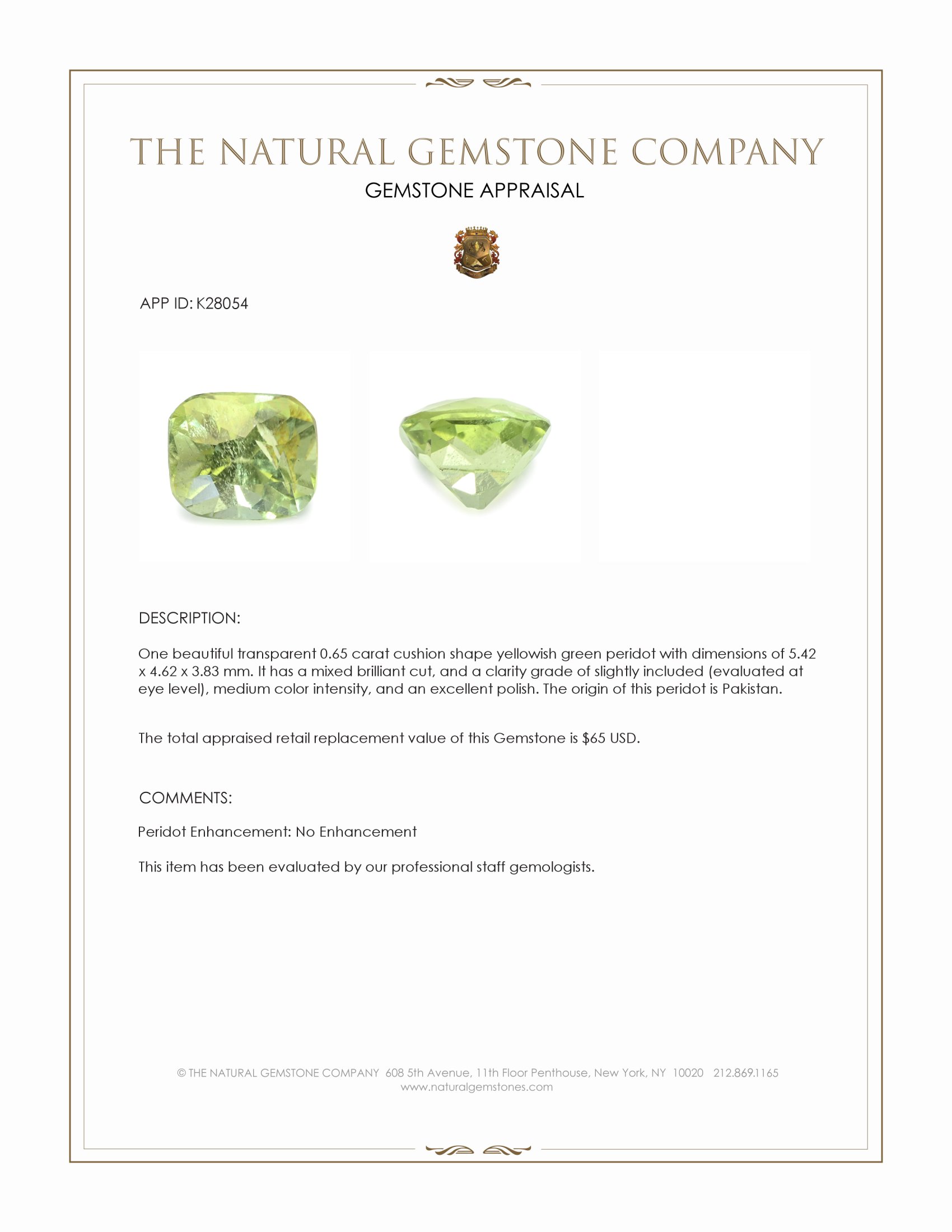 0.65 Ct. Yellowish Green Peridot from Pakistan