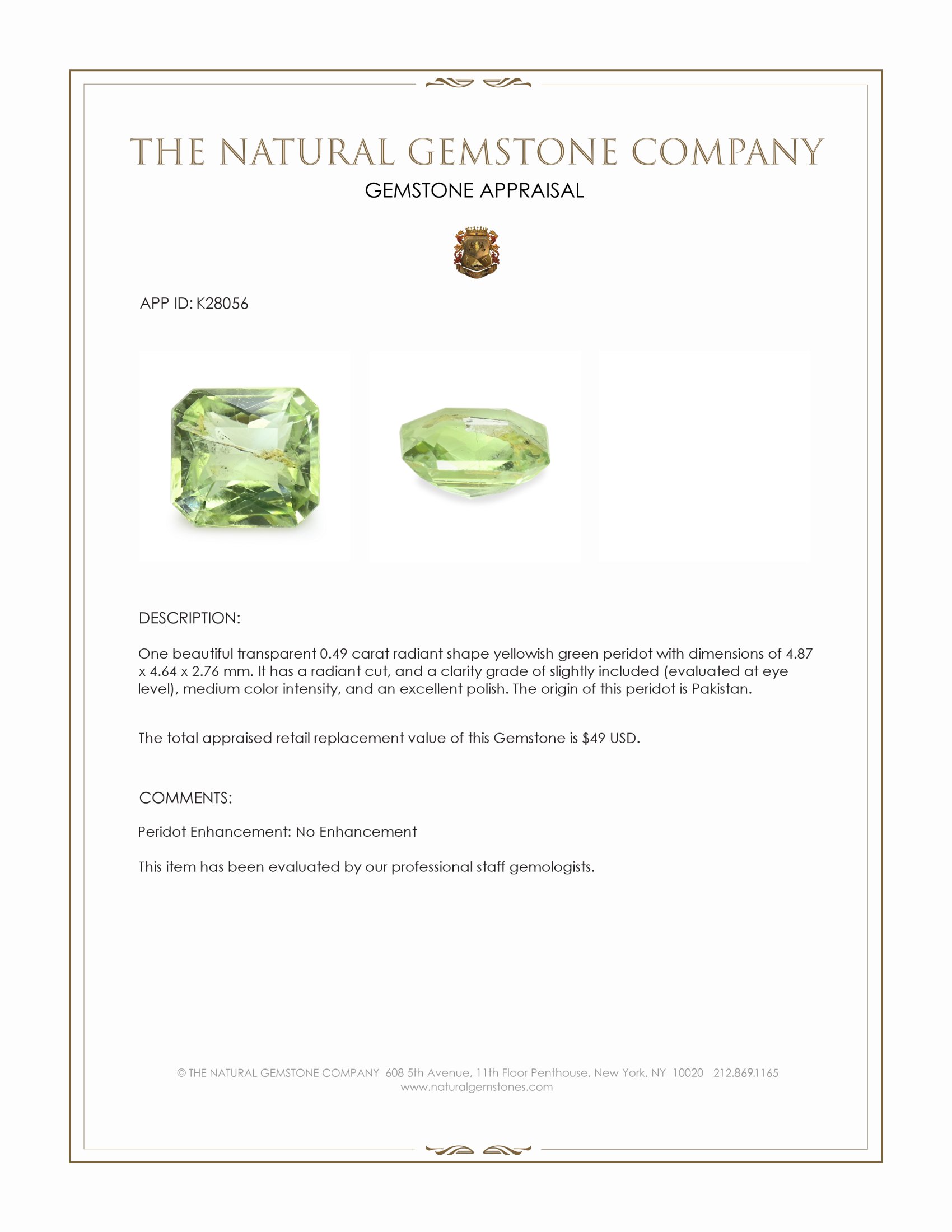 0.49 Ct. Yellowish Green Peridot from Pakistan