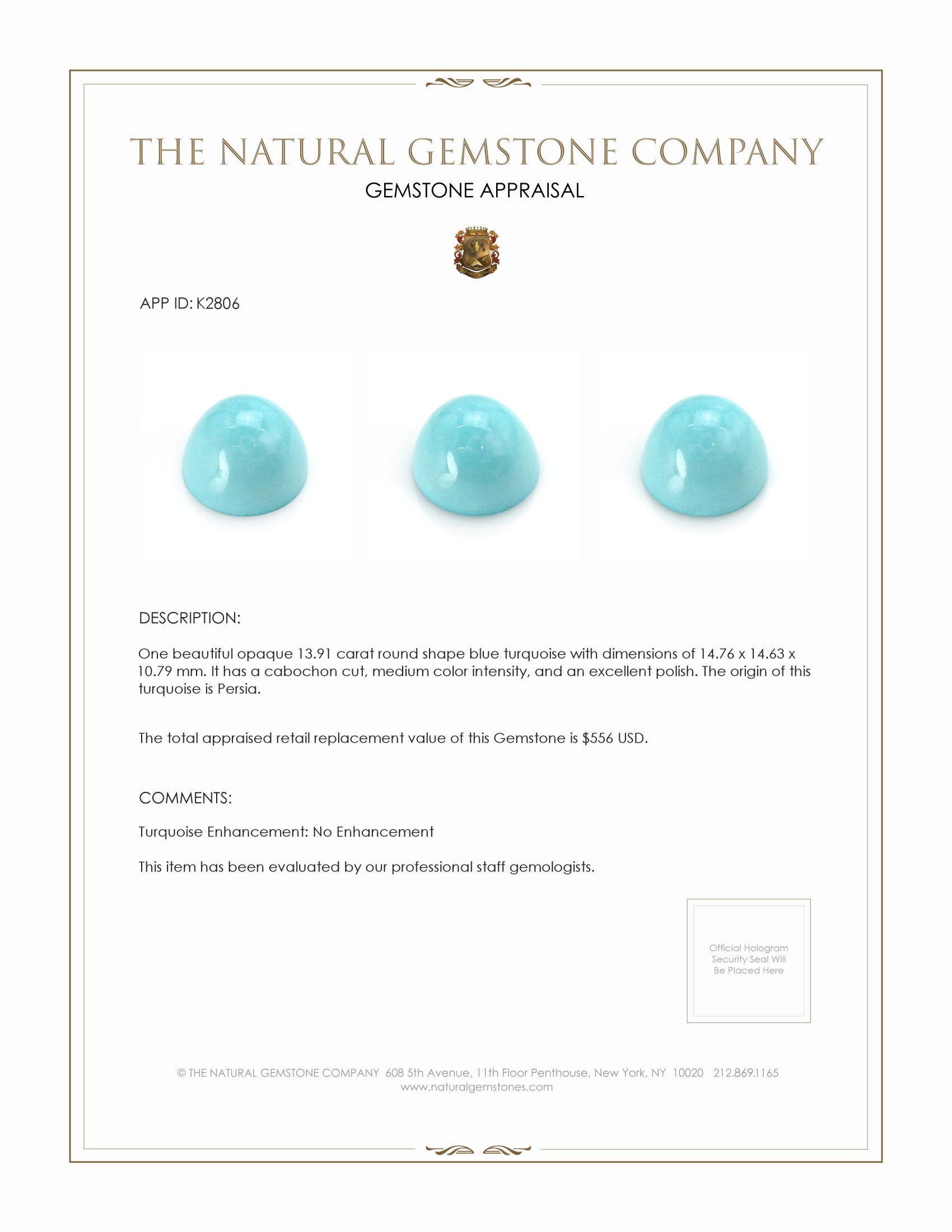 13.91 Ct. Cabochon Turquoise from Persia