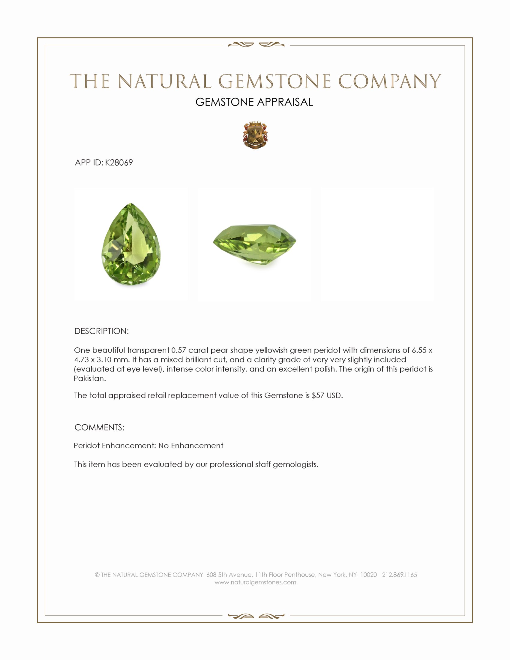 0.57 Ct. Yellowish Green Peridot from Pakistan