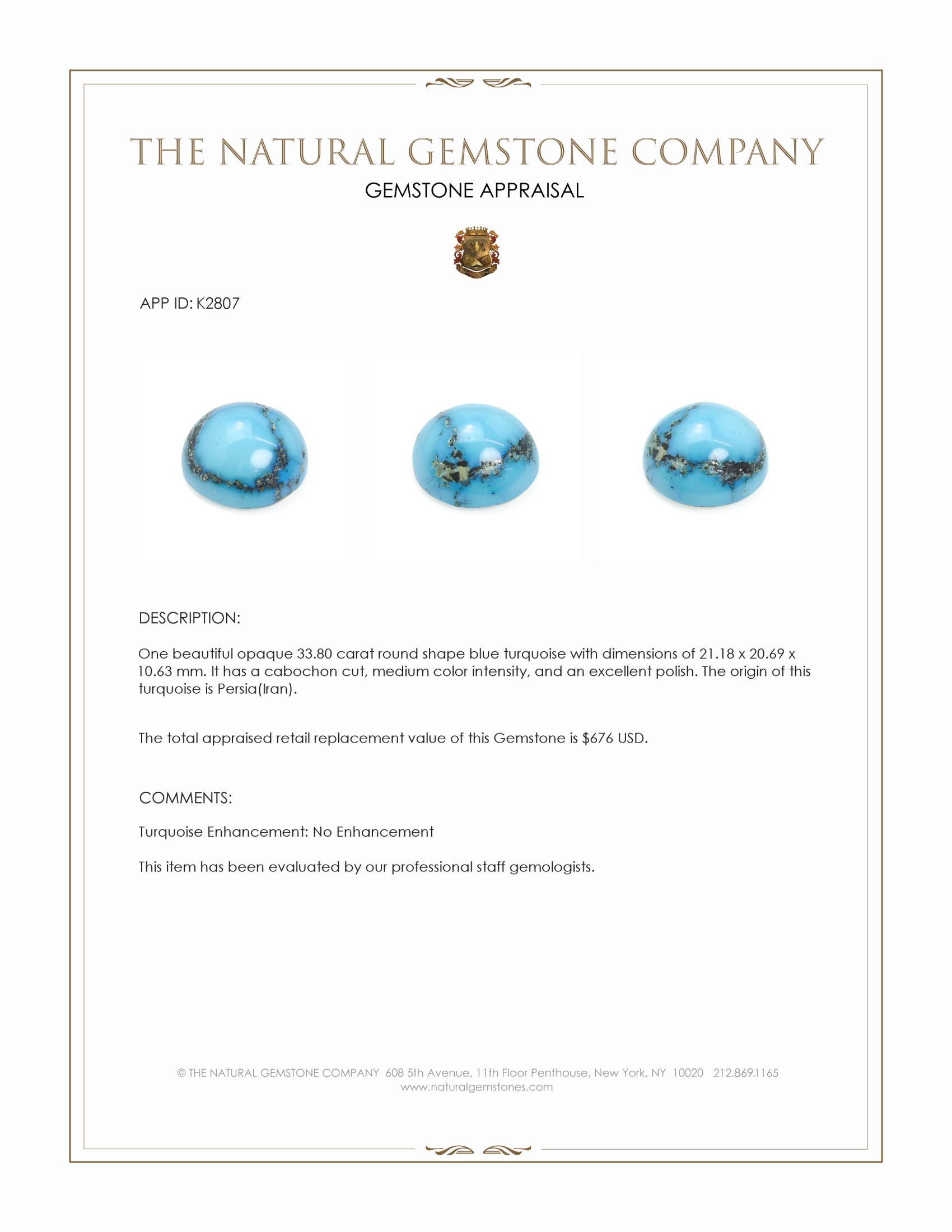 33.80 Ct. Blue Cabochon Turquoise from Persia(Iran)