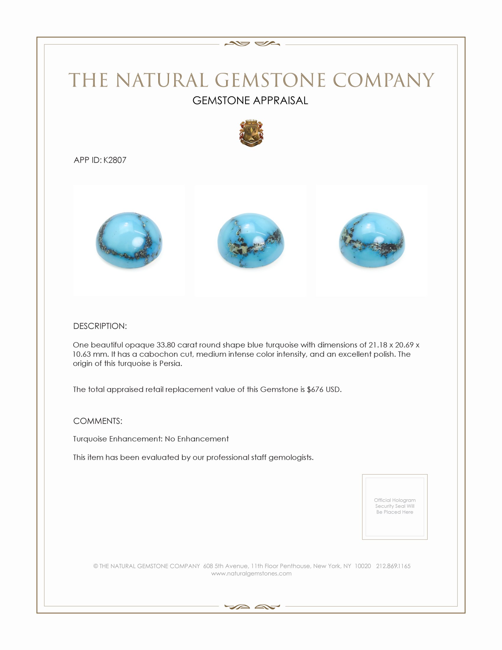 33.80 Ct. Cabochon Turquoise from Persia