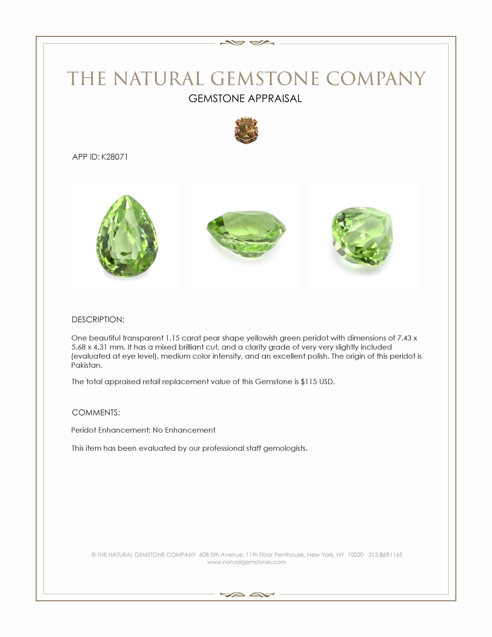 1.15 Ct. Yellowish Green Peridot from Pakistan
