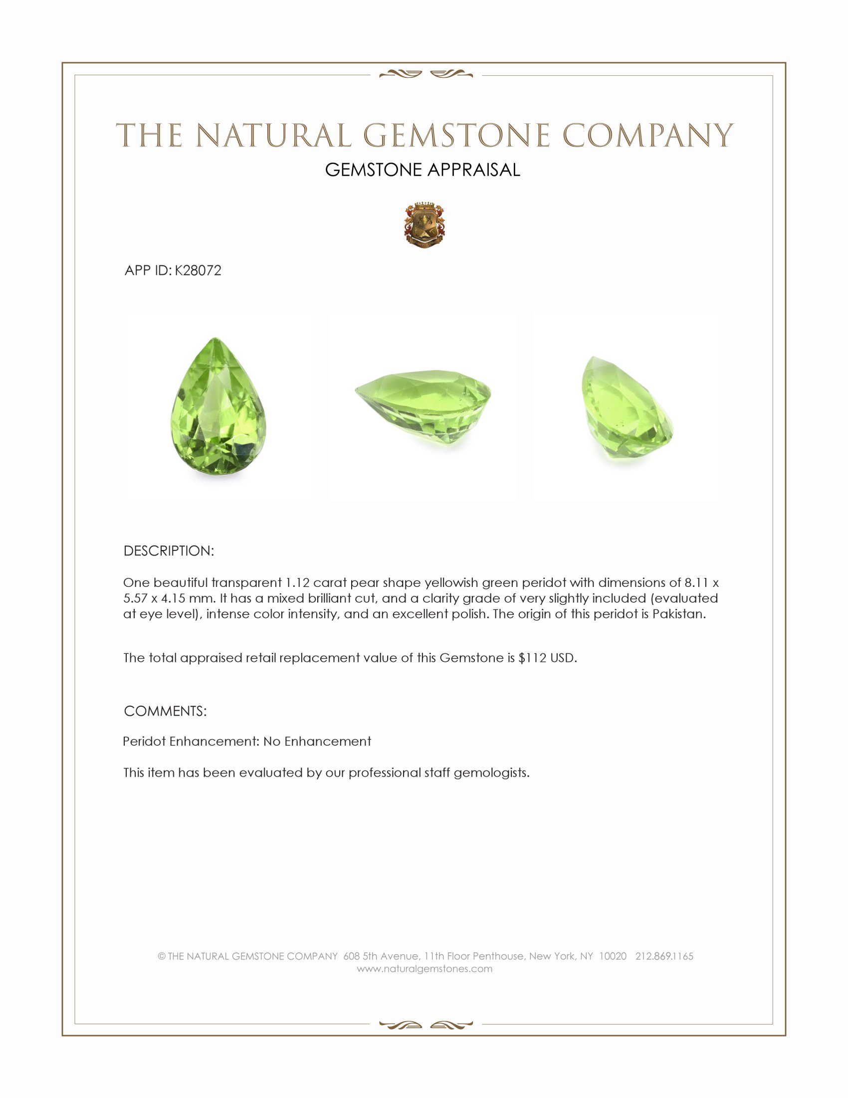 1.12 Ct. Yellowish Green Peridot from Pakistan