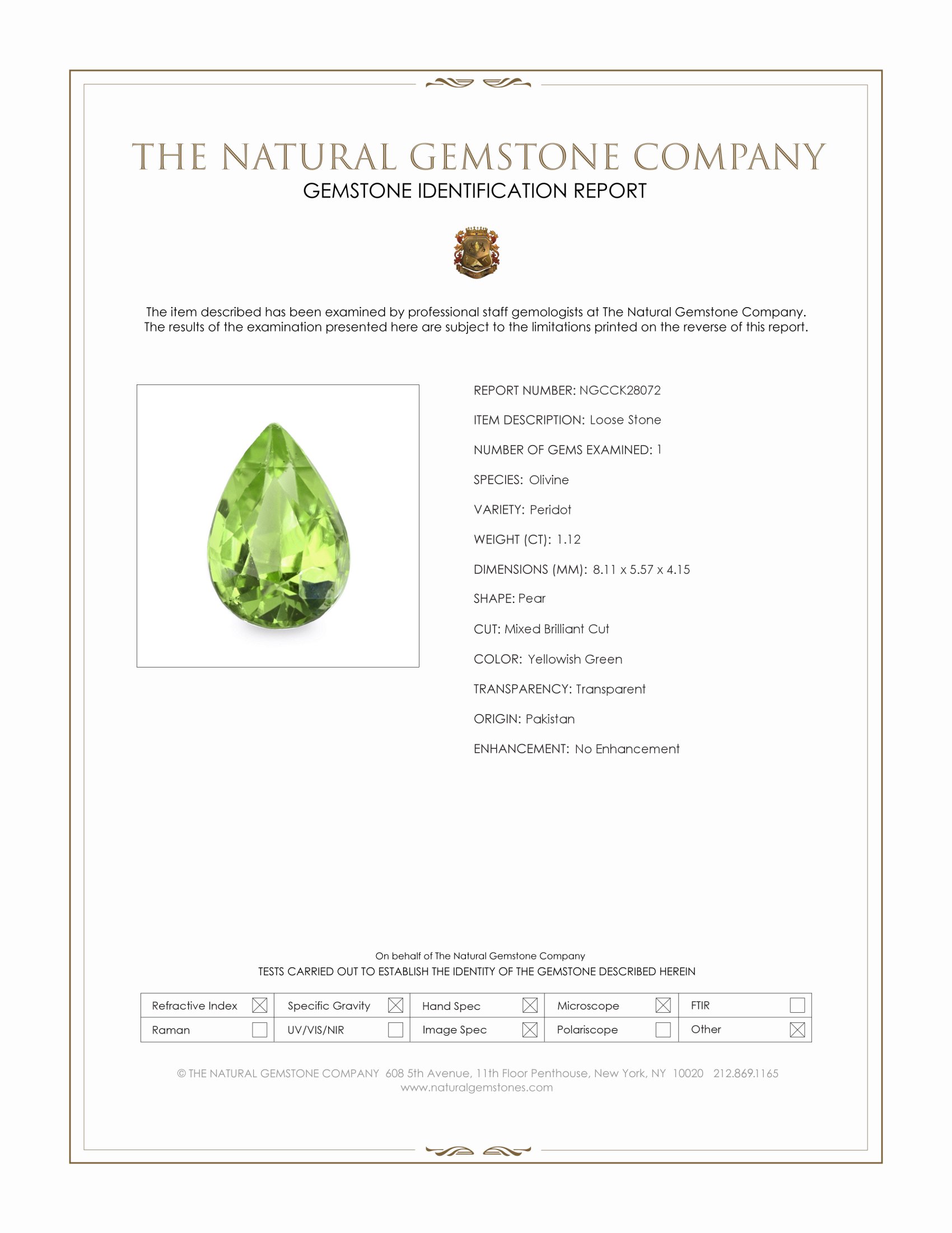 1.12 Ct. Yellowish Green Peridot from Pakistan