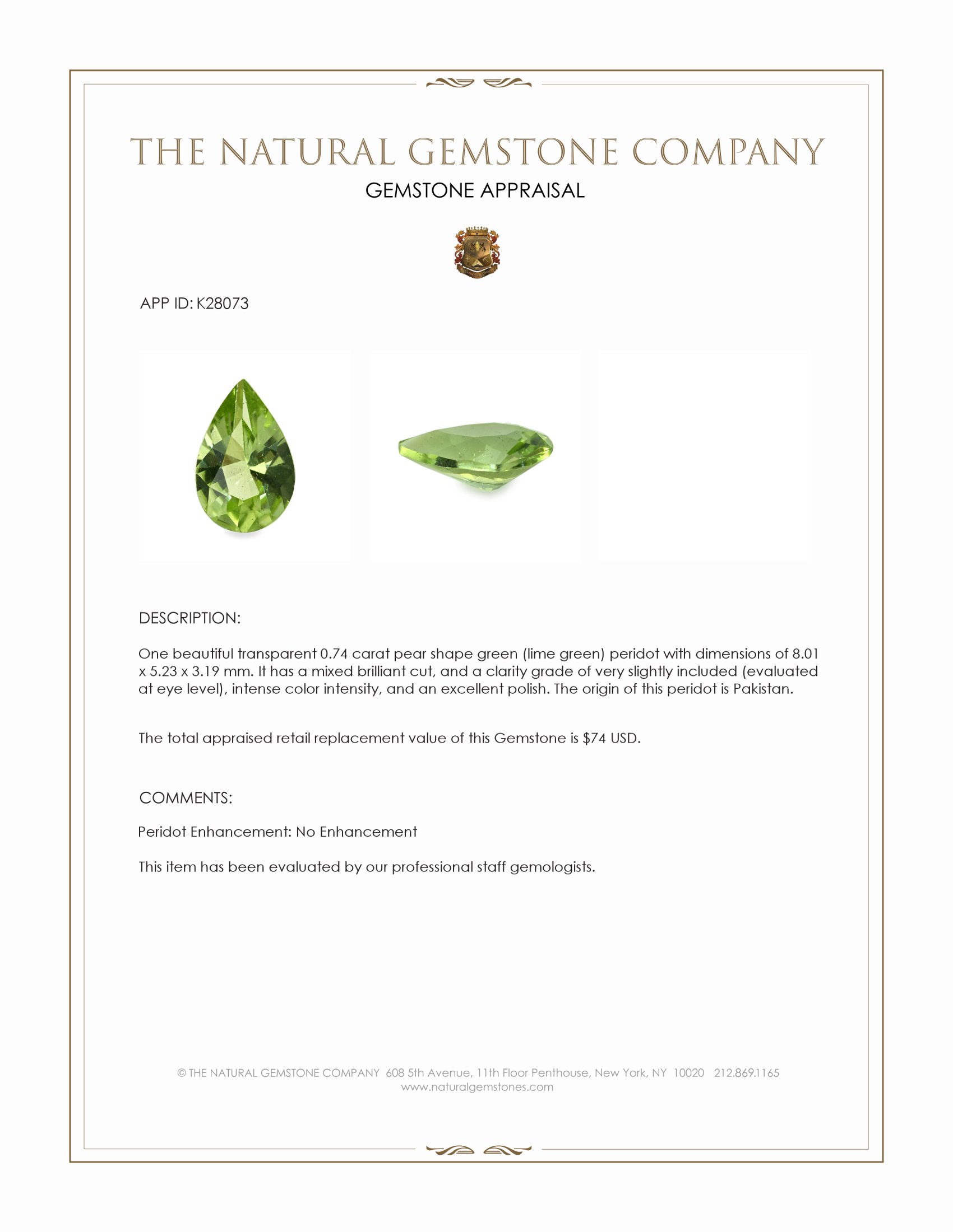 0.74 Ct. Green (Lime Green) Peridot from Pakistan