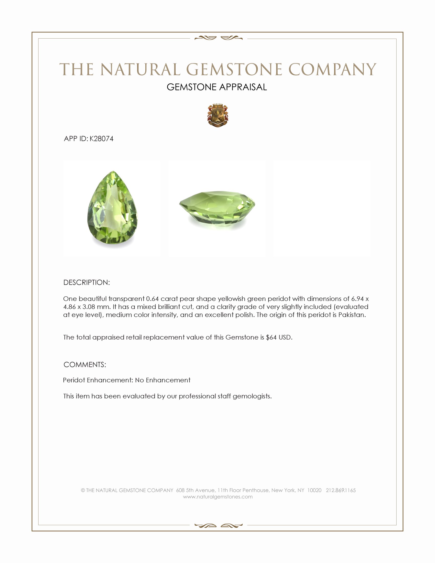 0.64 Ct. Yellowish Green Peridot from Pakistan