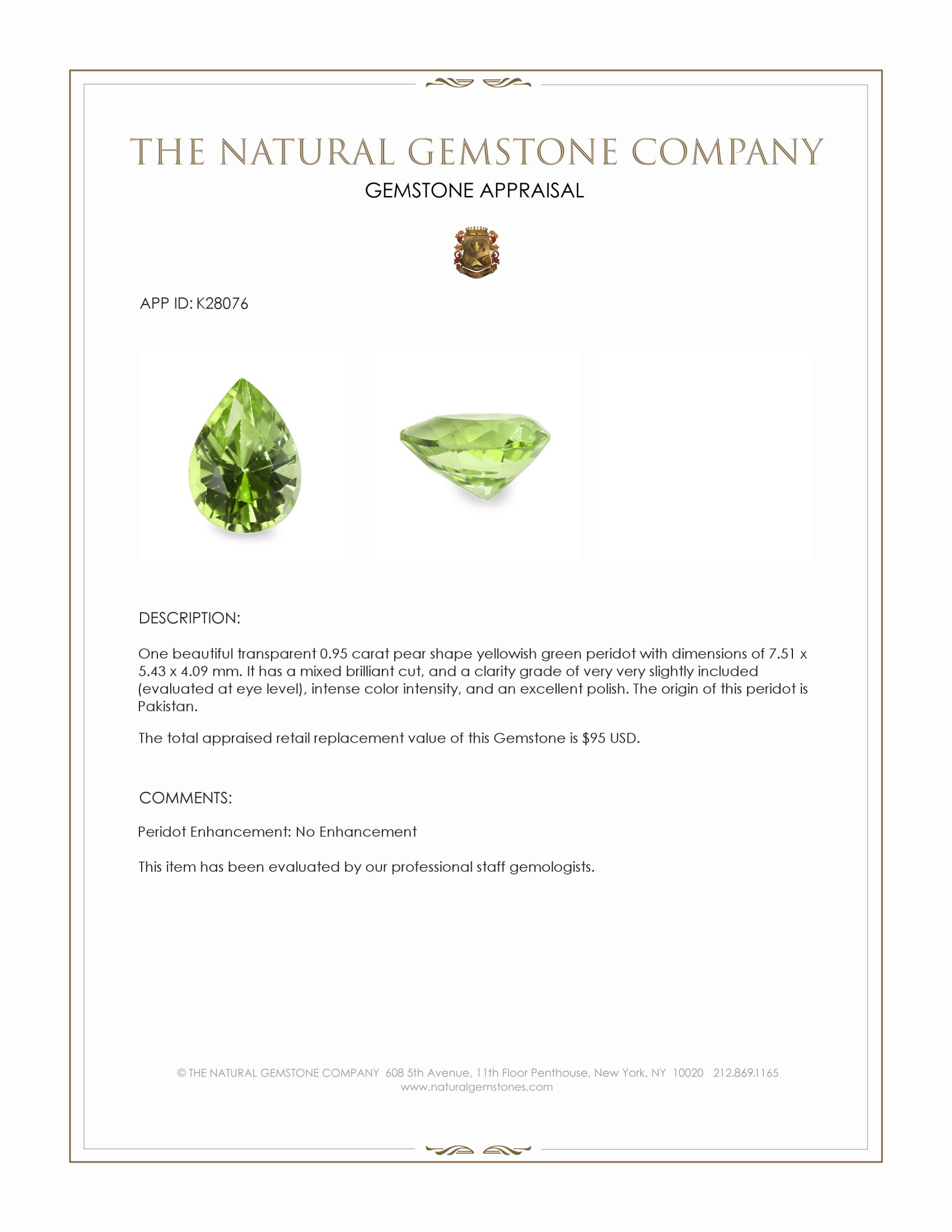0.95 Ct. Yellowish Green Peridot from Pakistan