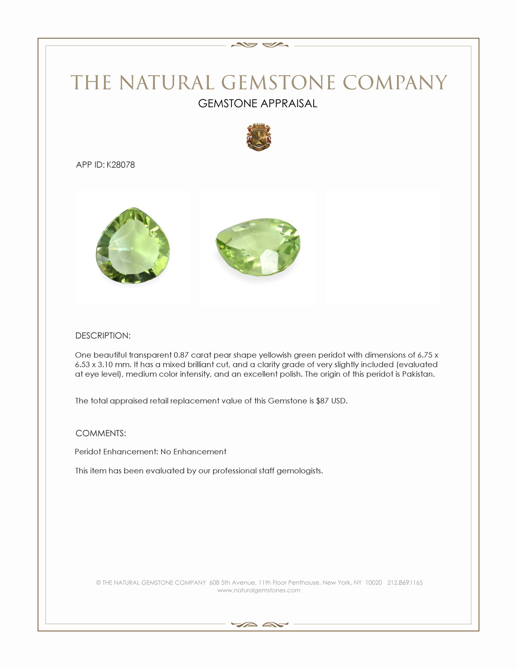 0.87 Ct. Yellowish Green Peridot from Pakistan