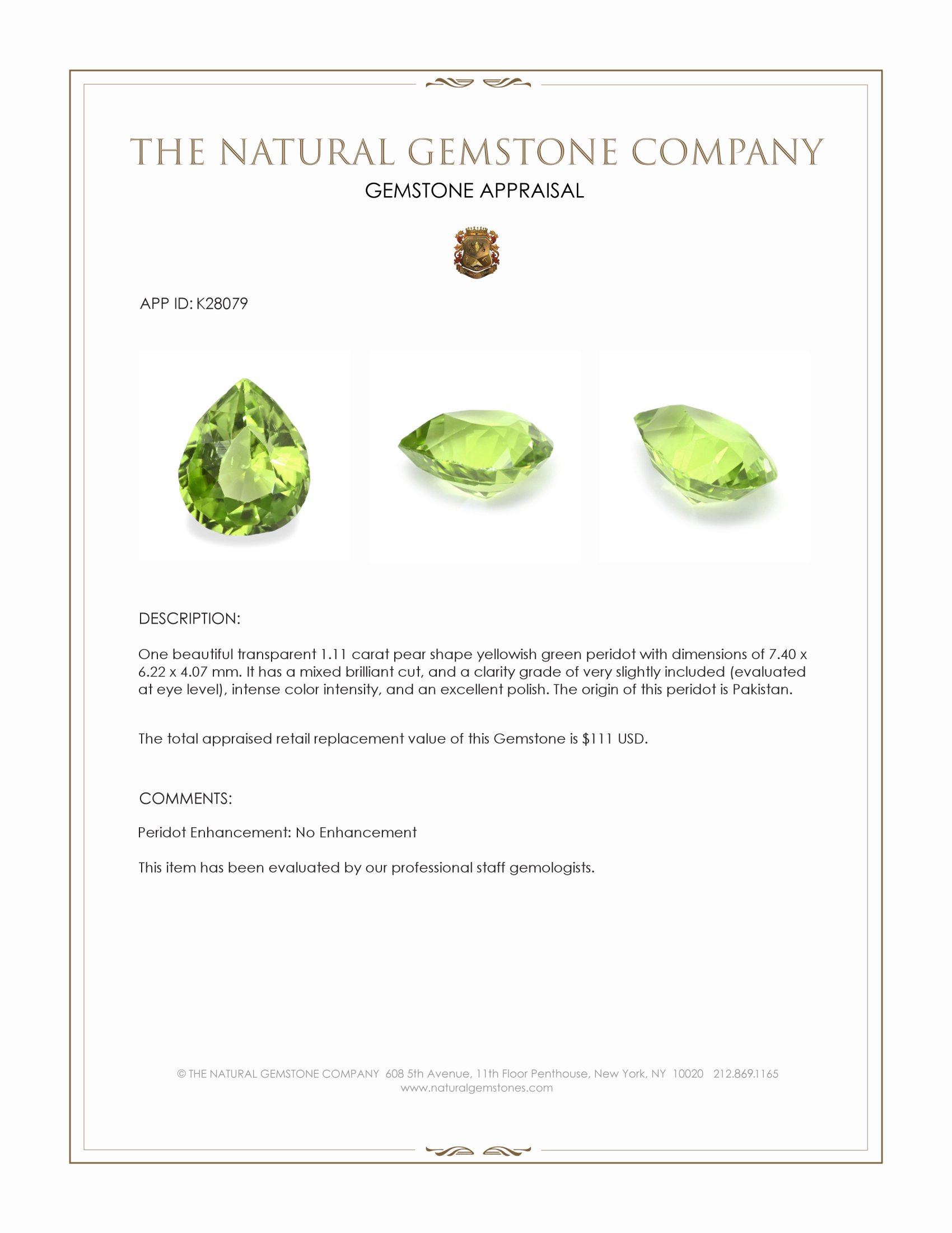 1.11 Ct. Yellowish Green Peridot from Pakistan