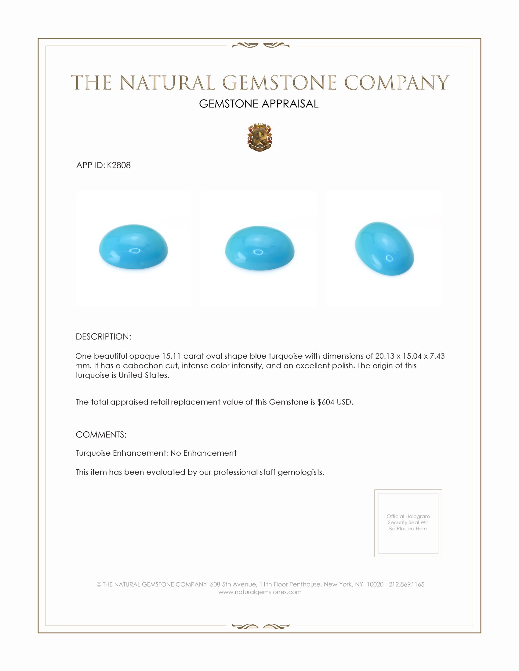 15.11 Ct. Cabochon Turquoise from United States