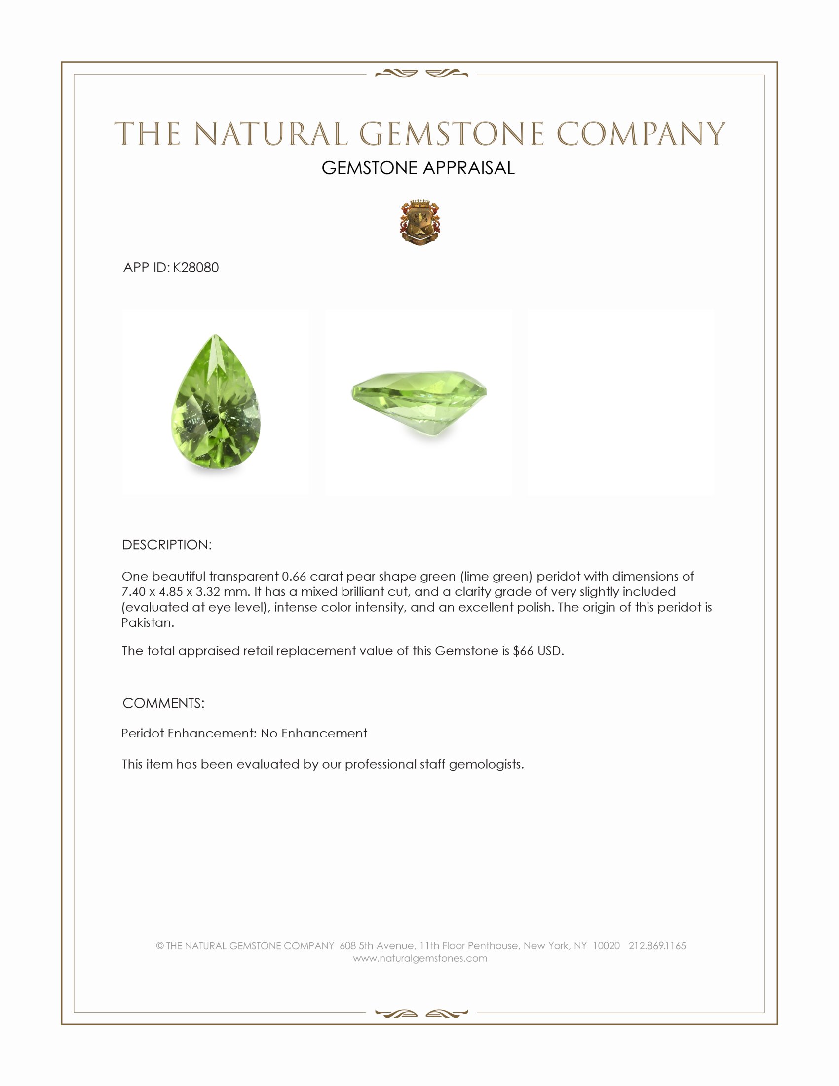 0.66 Ct. Green (Lime Green) Peridot from Pakistan