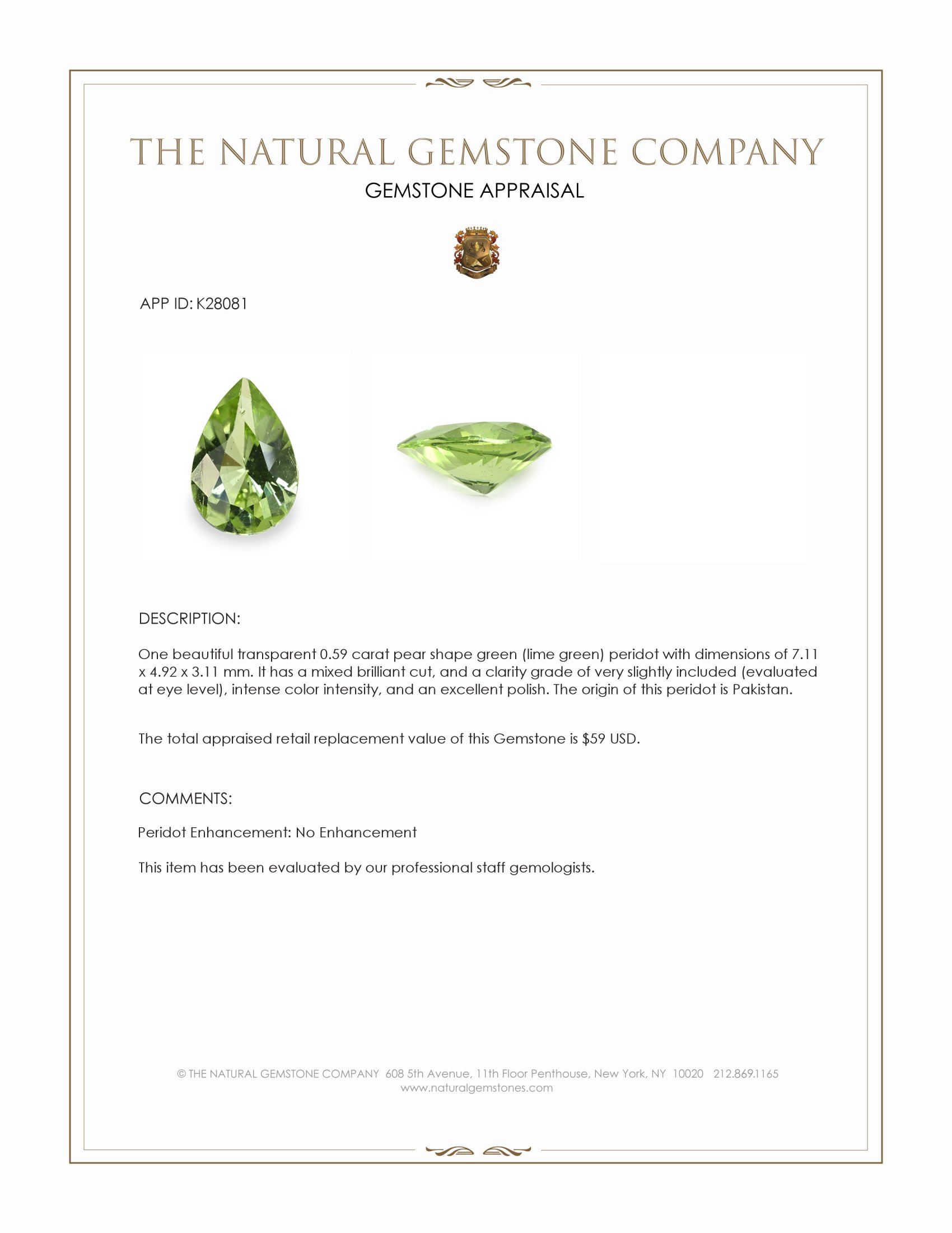 0.59 Ct. Green (Lime Green) Peridot from Pakistan