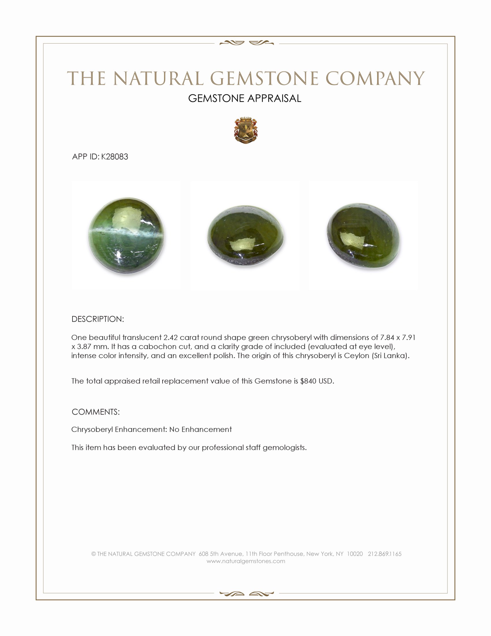 2.42 Ct. Green Cabochon Chrysoberyl from Ceylon (Sri Lanka)
