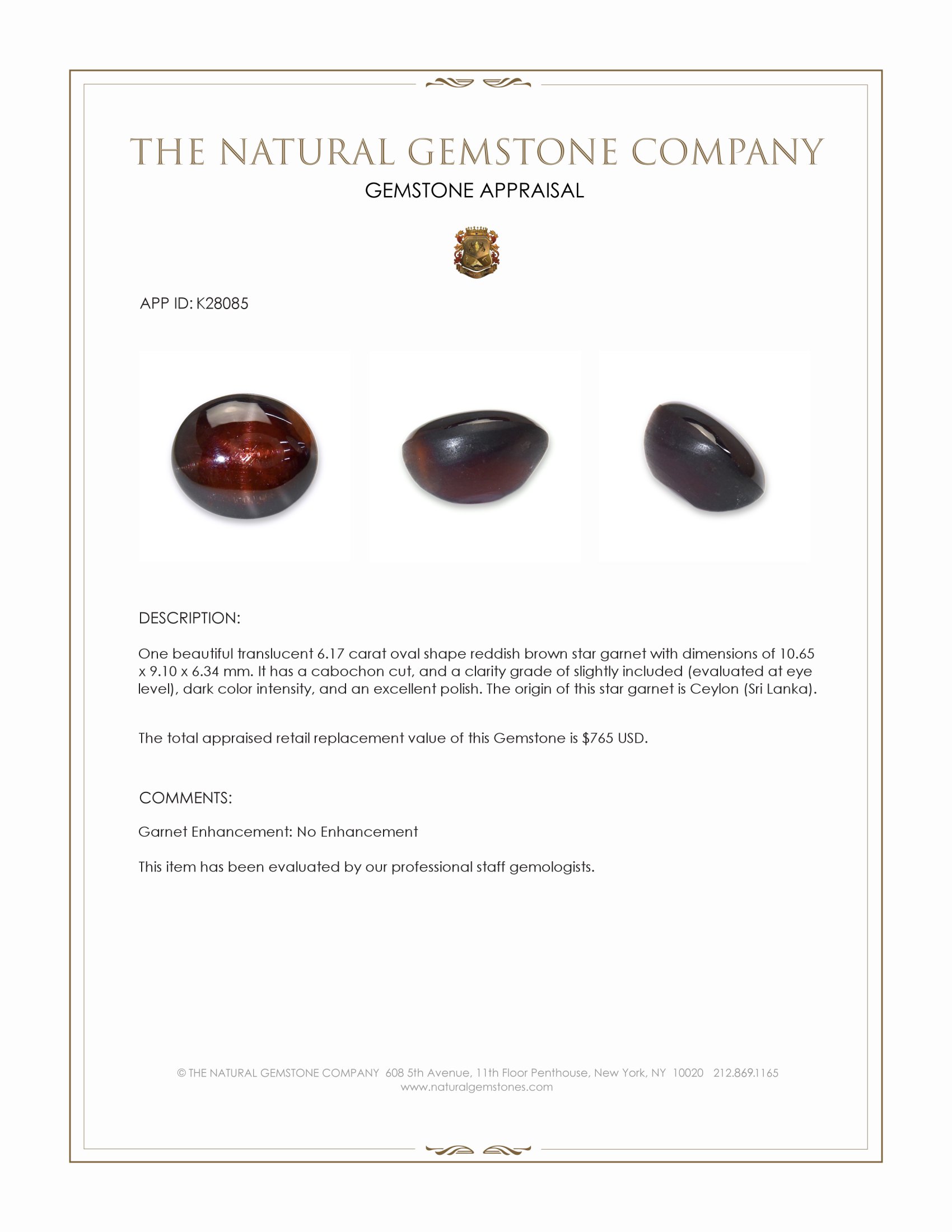 6.17 Ct. Reddish Brown Star Garnet from Ceylon (Sri Lanka)
