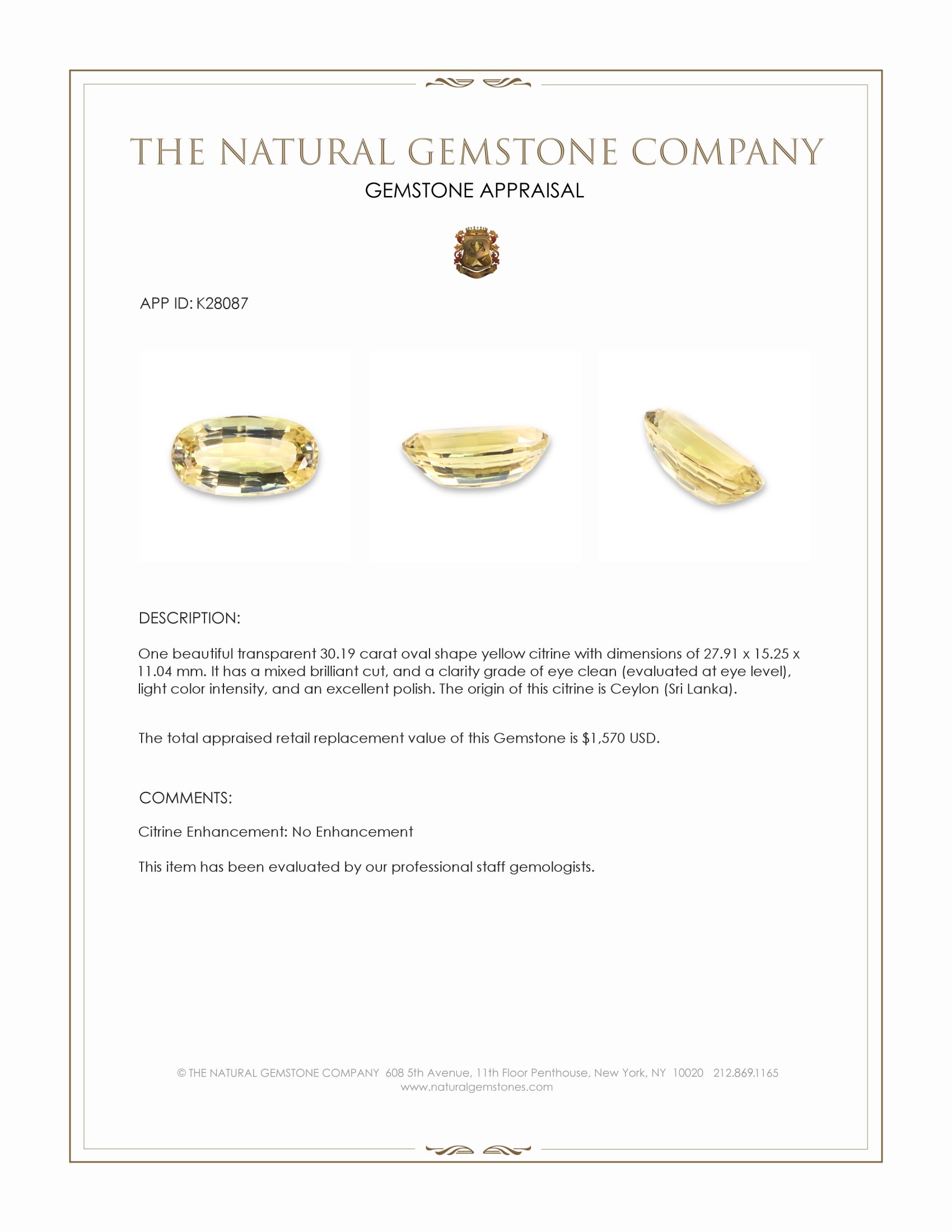 30.19 Ct. Yellow Citrine from Ceylon (Sri Lanka)