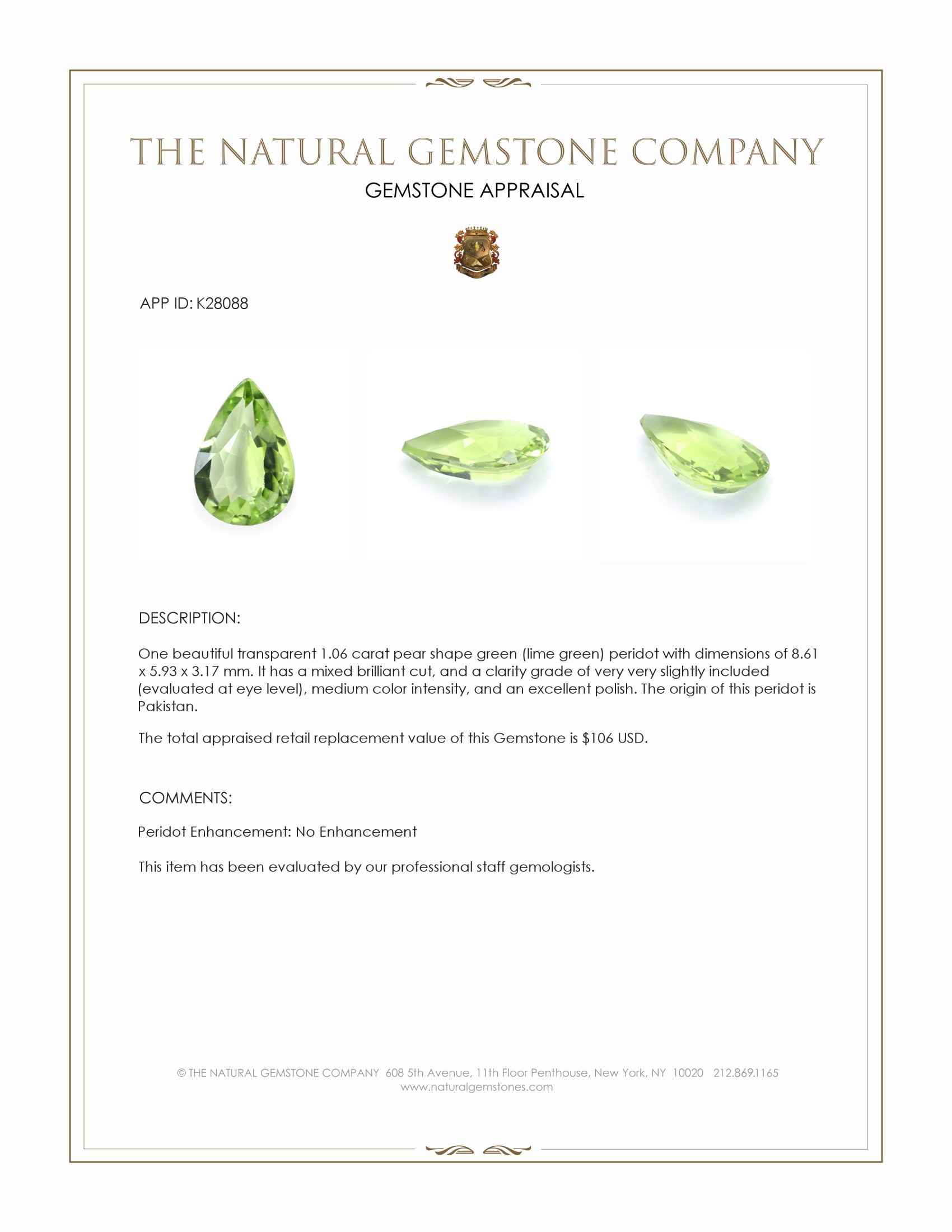 1.06 Ct. Green (Lime Green) Peridot from Pakistan