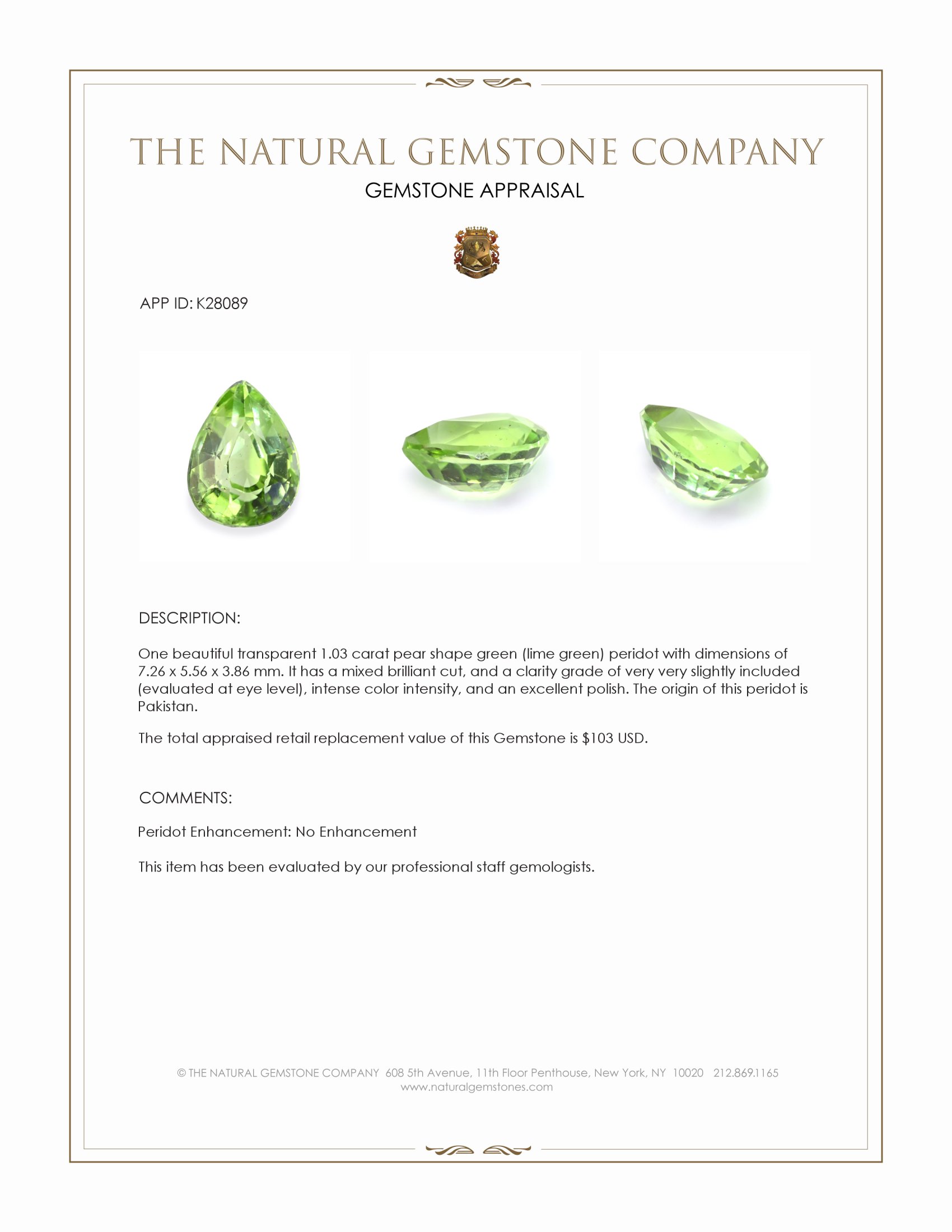 1.03 Ct. Green (Lime Green) Peridot from Pakistan
