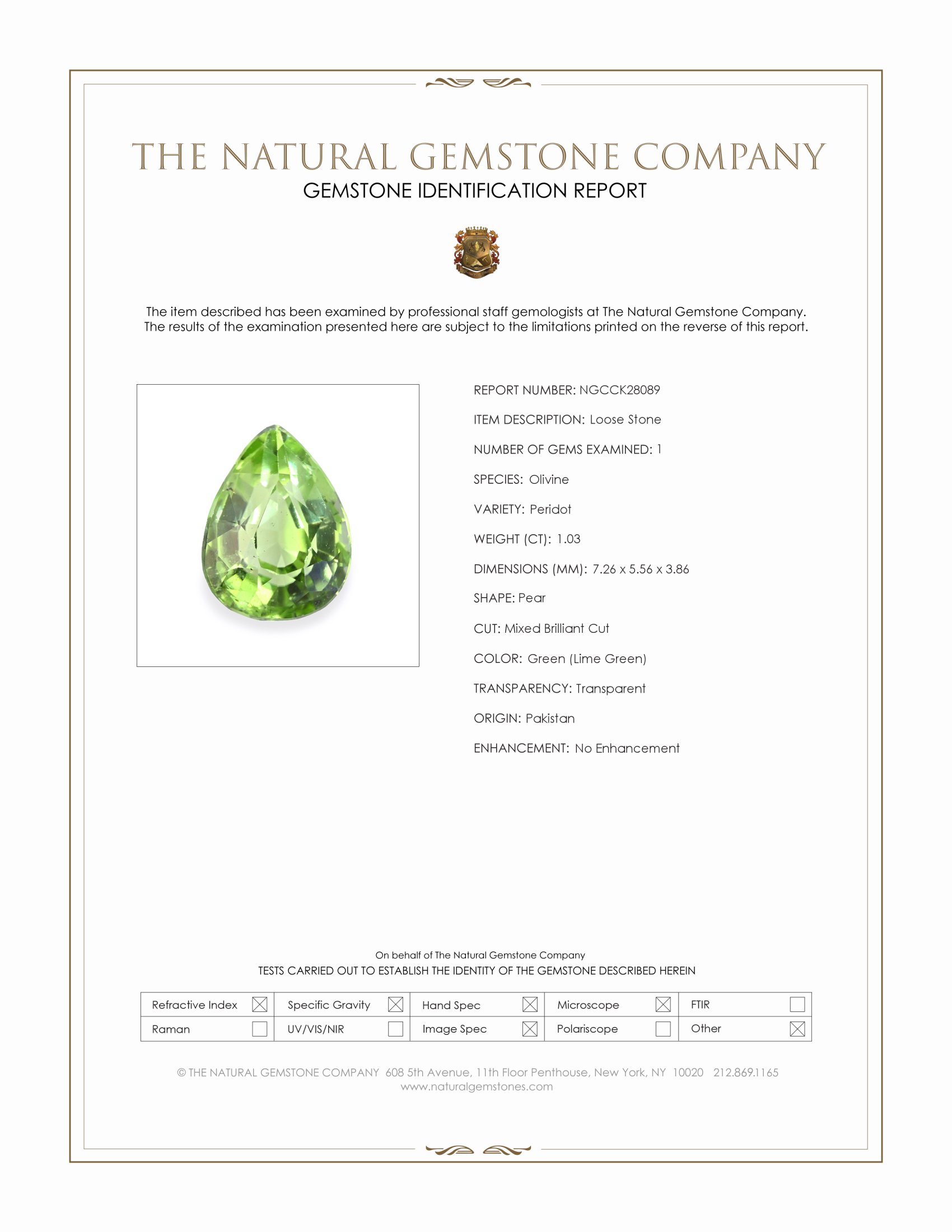 1.03 Ct. Green (Lime Green) Peridot from Pakistan