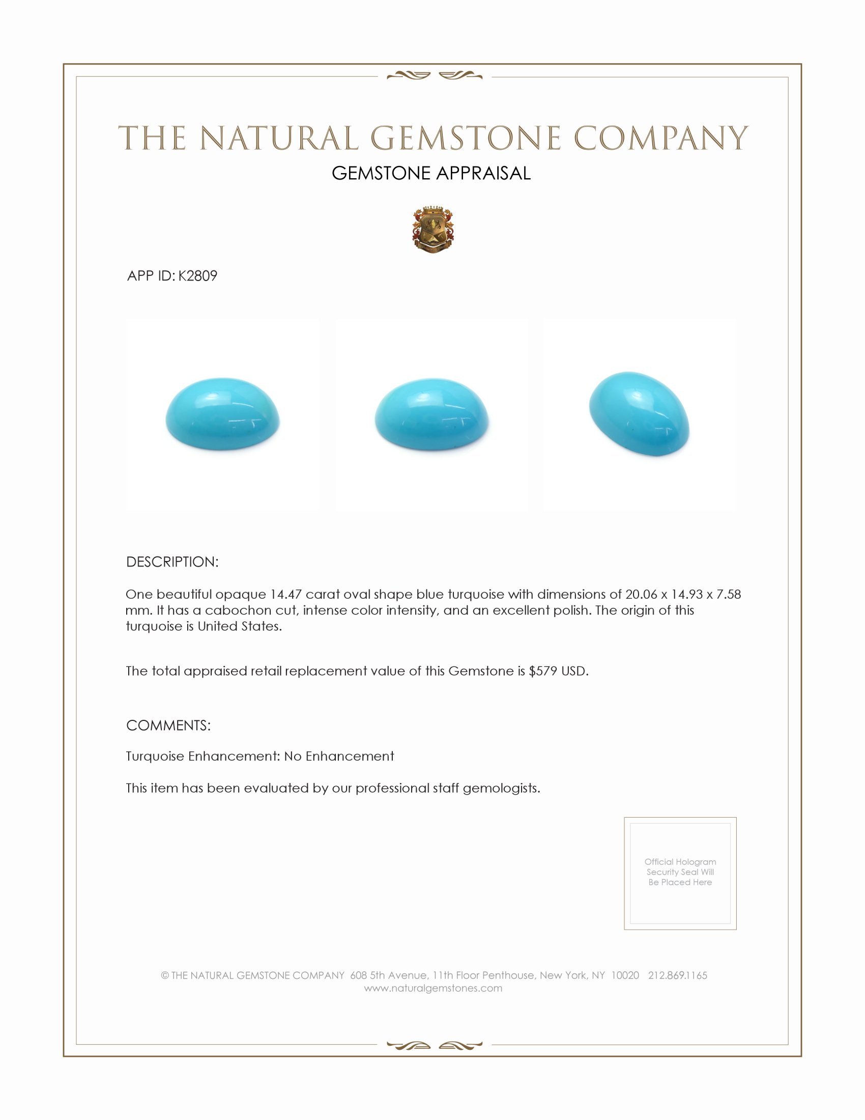 14.47 Ct. Cabochon Turquoise from United States