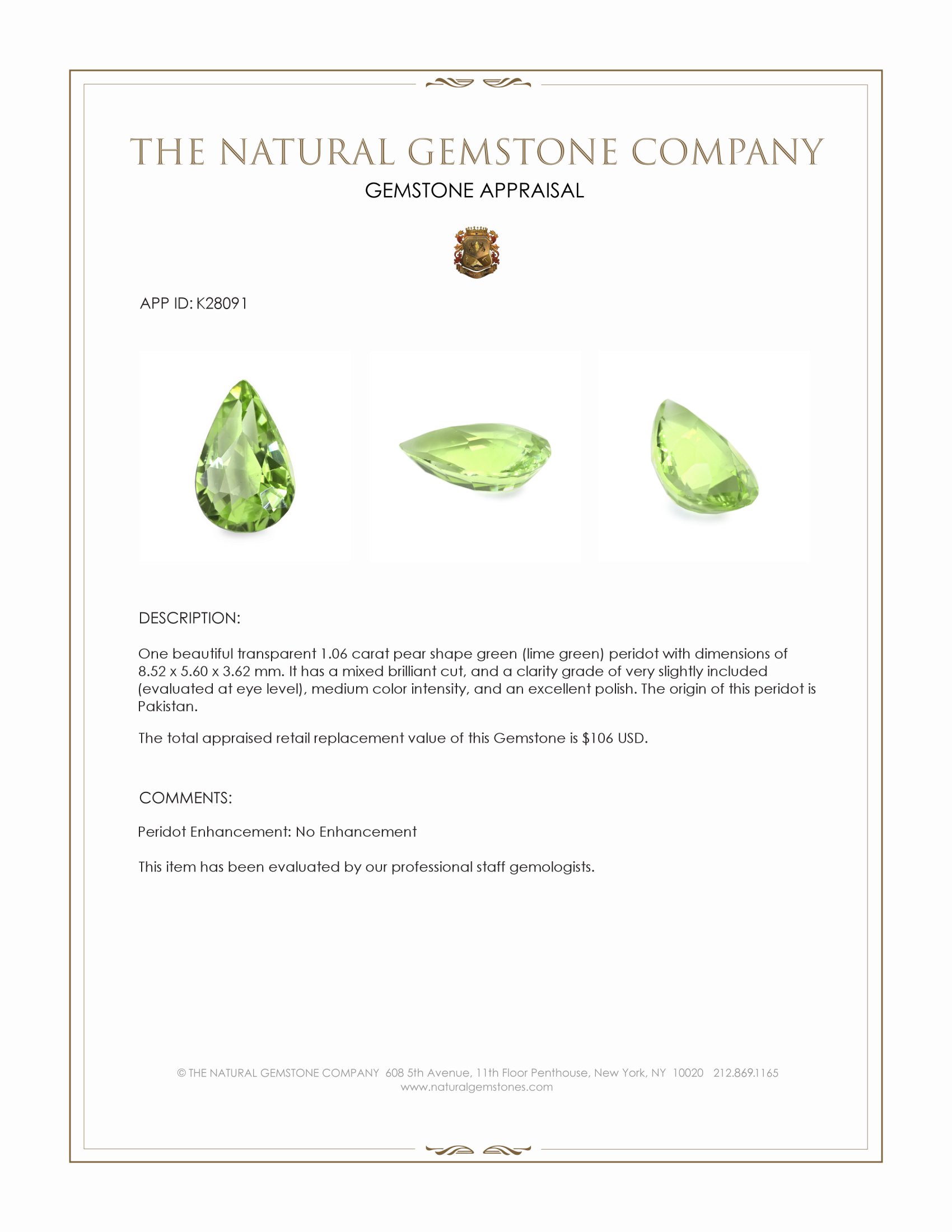 1.06 Ct. Green (Lime Green) Peridot from Pakistan