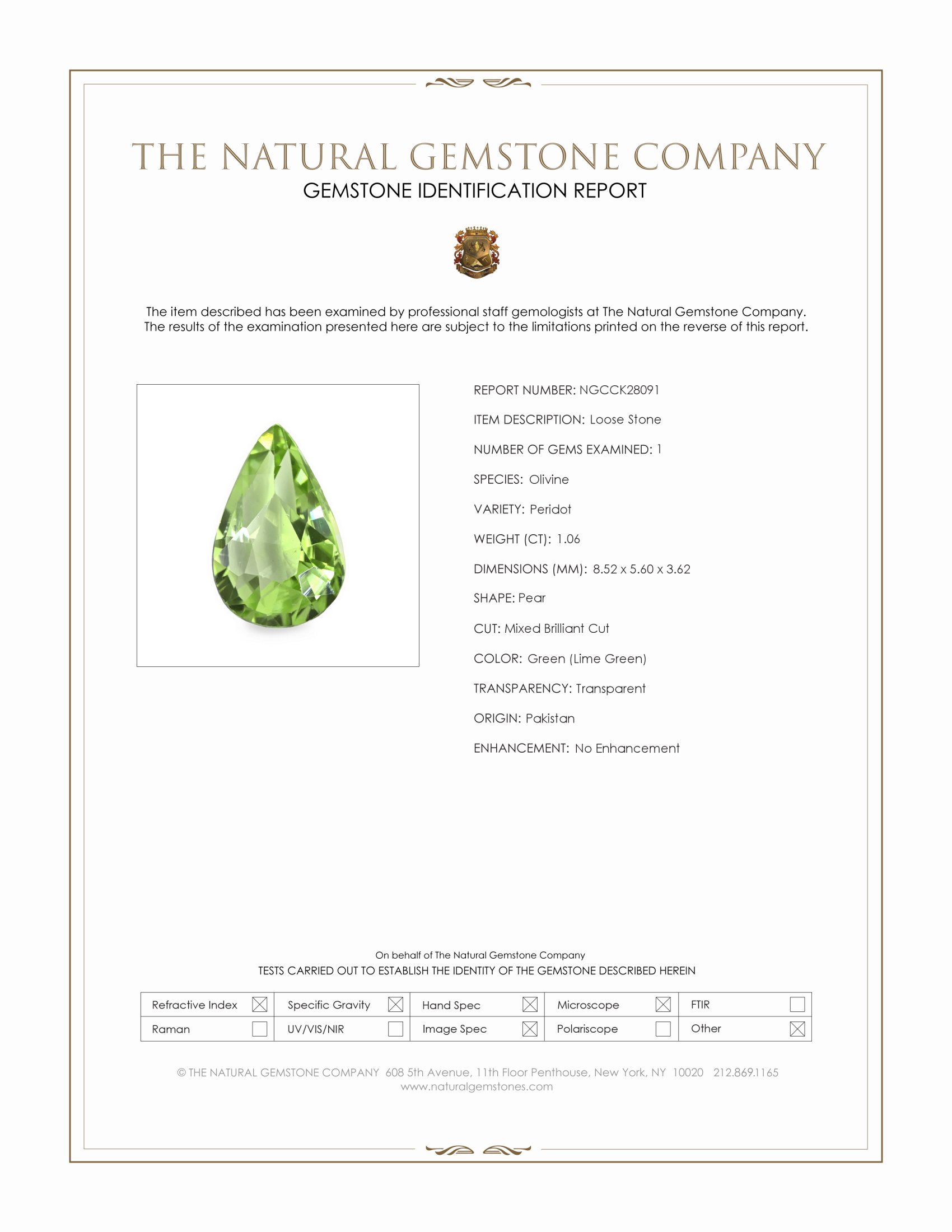 1.06 Ct. Green (Lime Green) Peridot from Pakistan