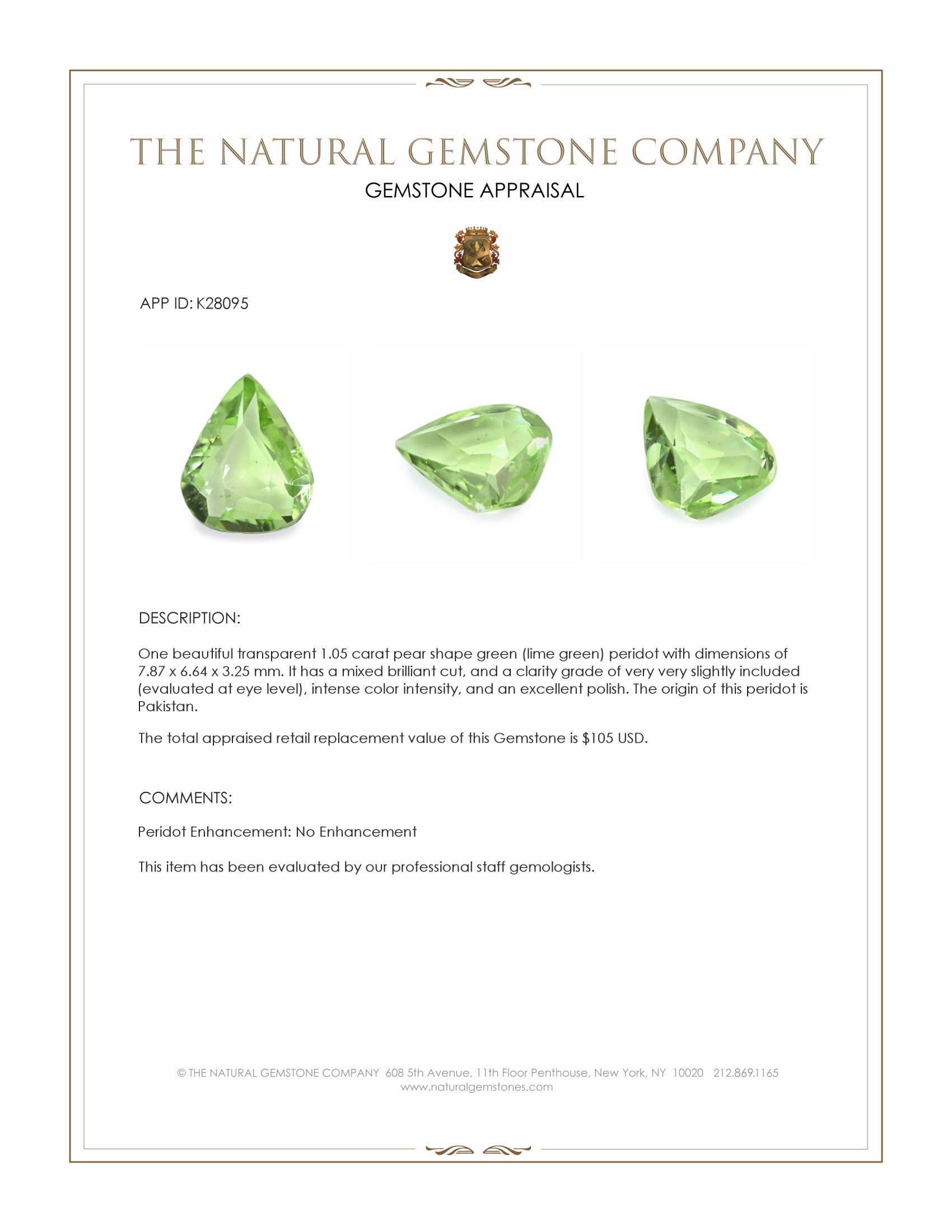 1.05 Ct. Green (Lime Green) Peridot from Pakistan