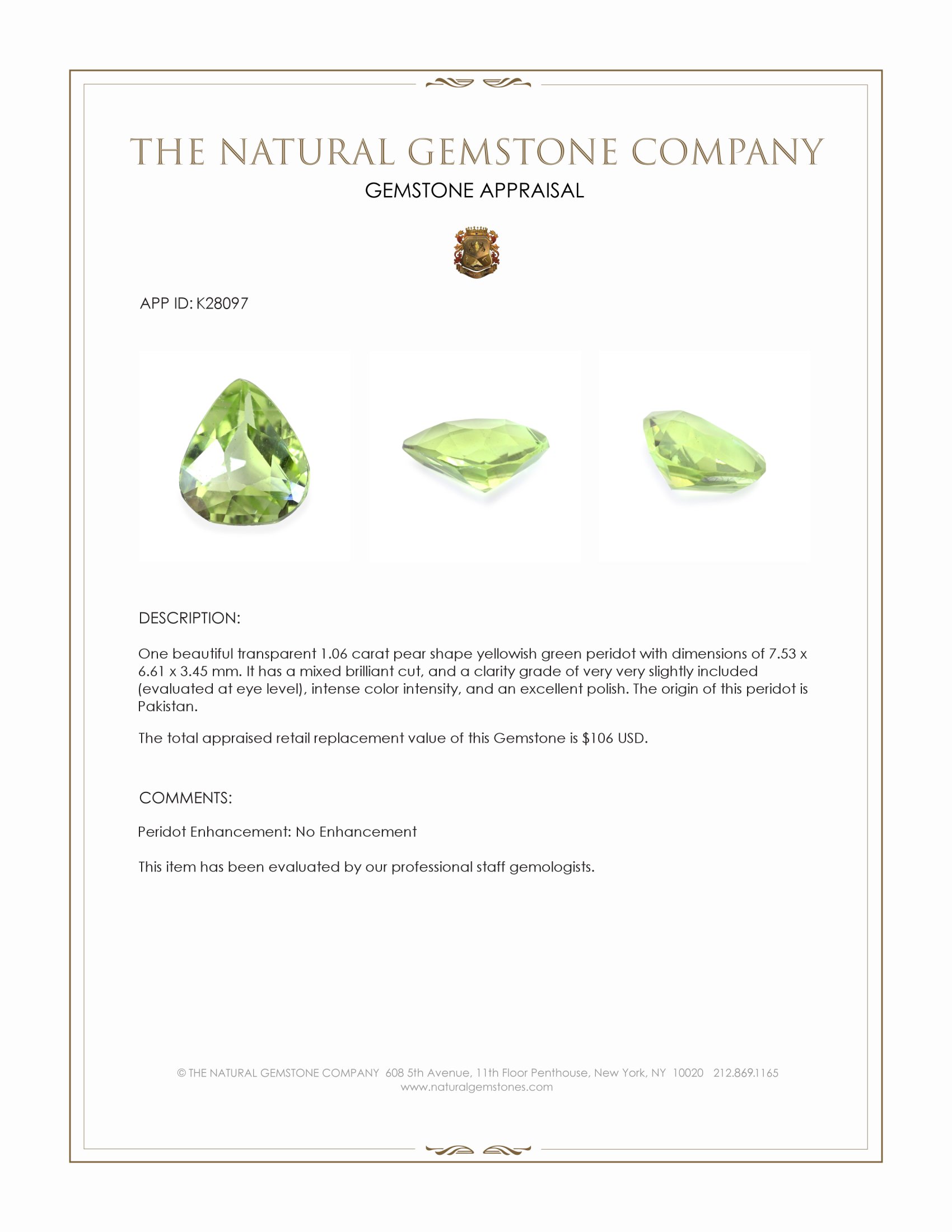 1.06 Ct. Yellowish Green Peridot from Pakistan