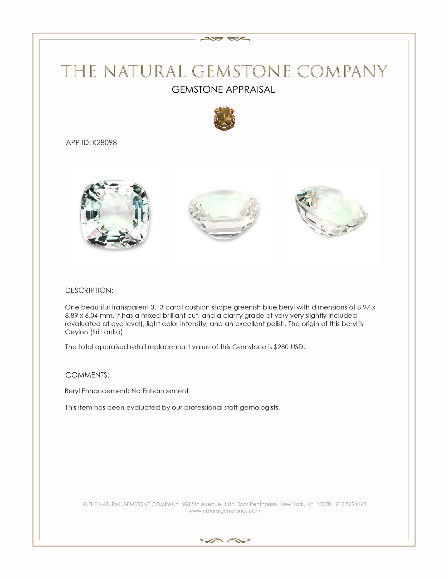 3.13 Ct. Greenish Blue Beryl from Ceylon (Sri Lanka)