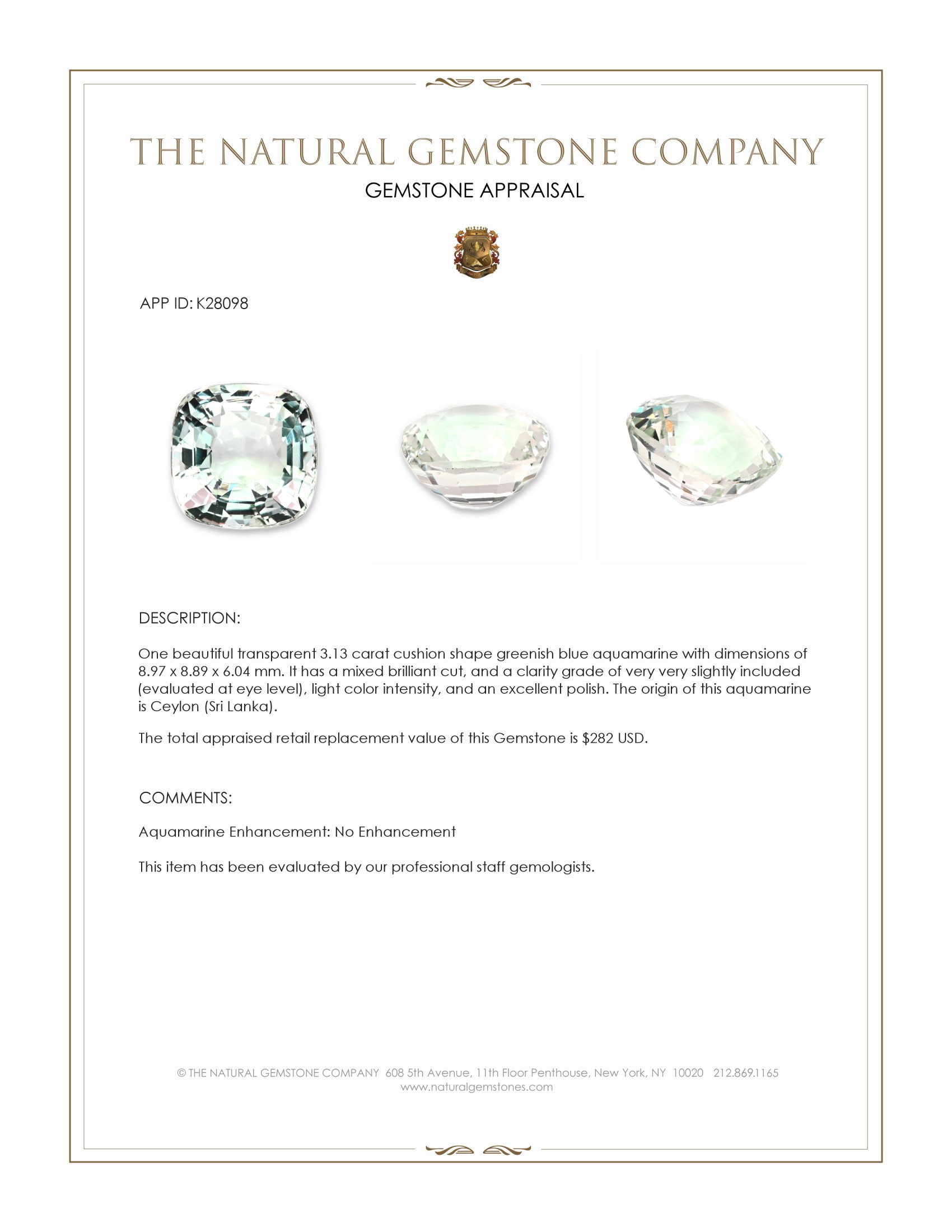 3.13 Ct. Greenish Blue Aquamarine from Ceylon (Sri Lanka)