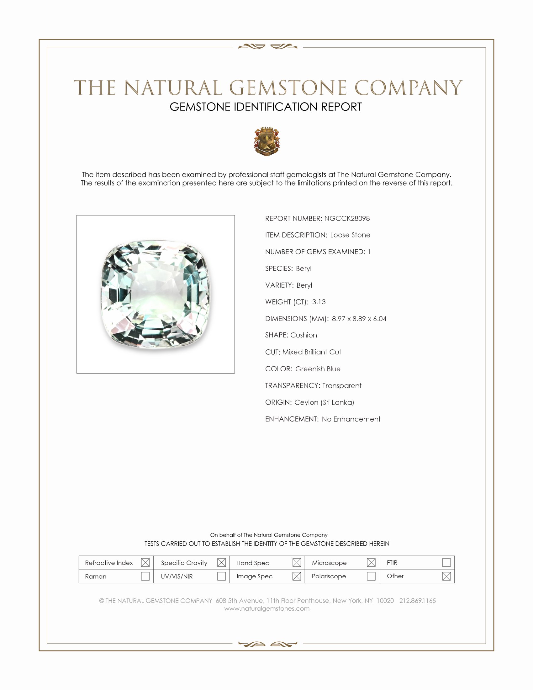 3.13 Ct. Greenish Blue Beryl from Ceylon (Sri Lanka)