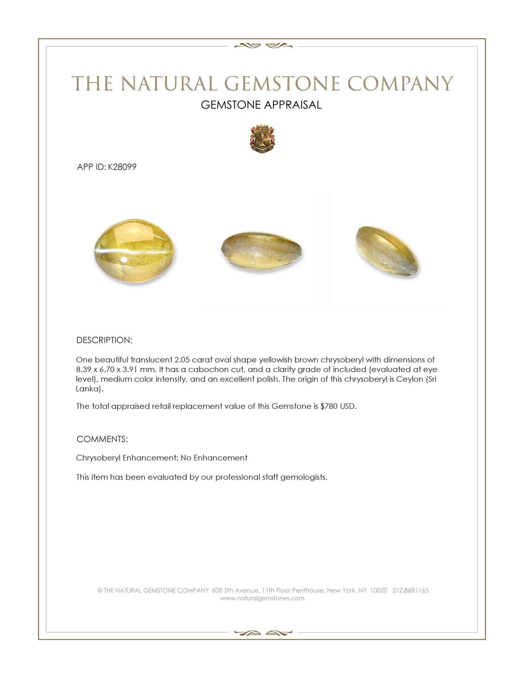 2.05 Ct. Brownish Yellow Cabochon Chrysoberyl from Ceylon (Sri Lanka)