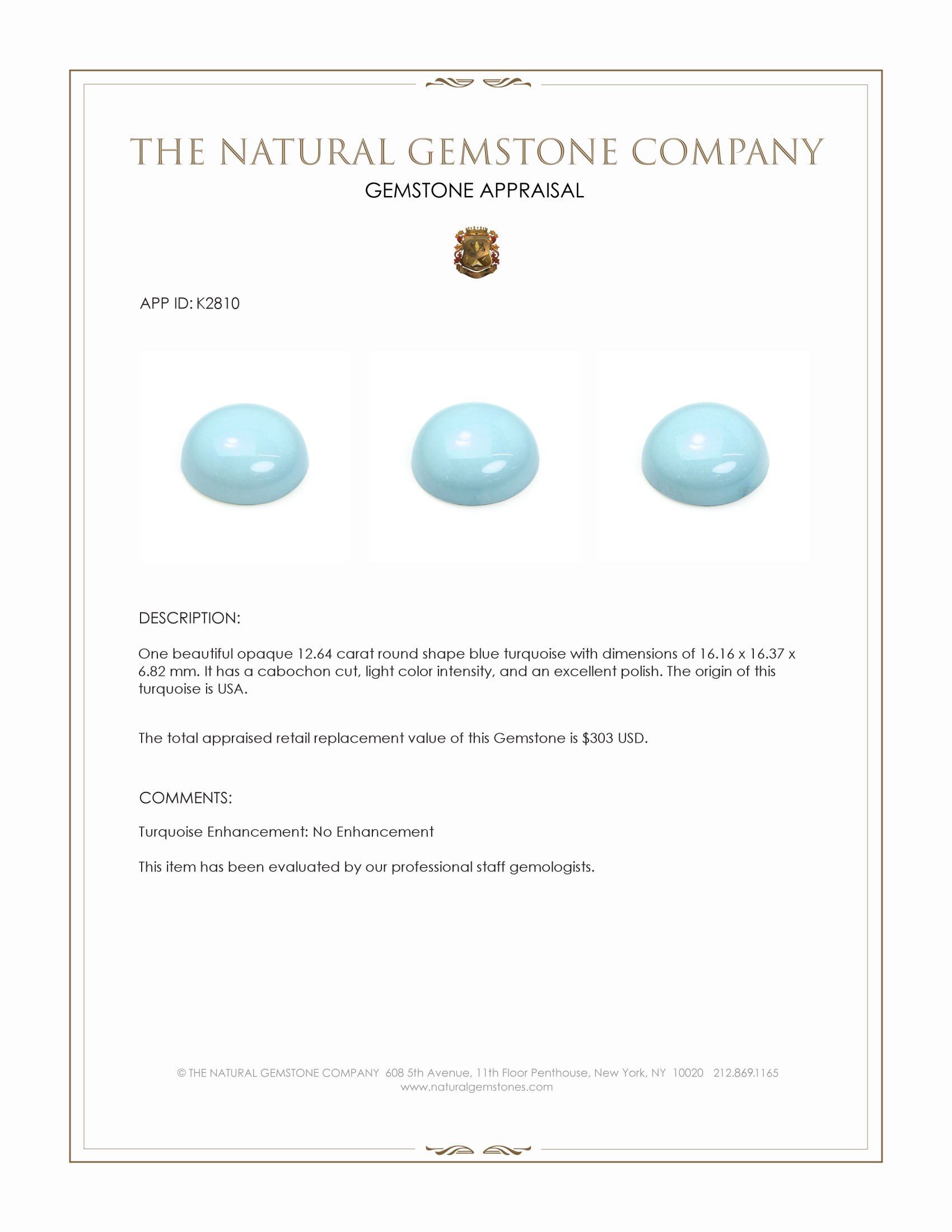 12.64 Ct. Cabochon Turquoise from USA