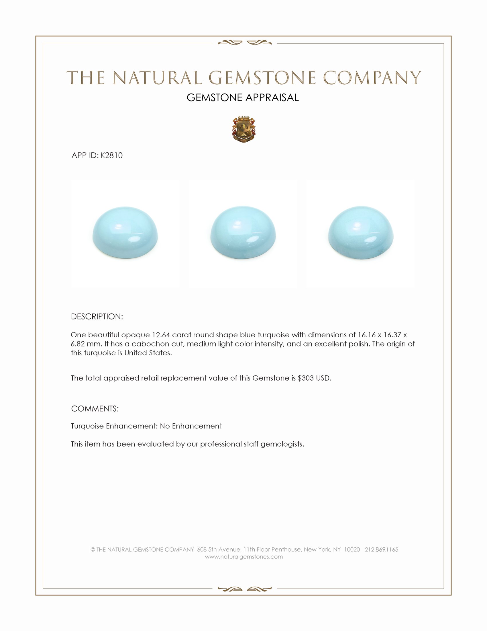 12.64 Ct. Cabochon Turquoise from United States