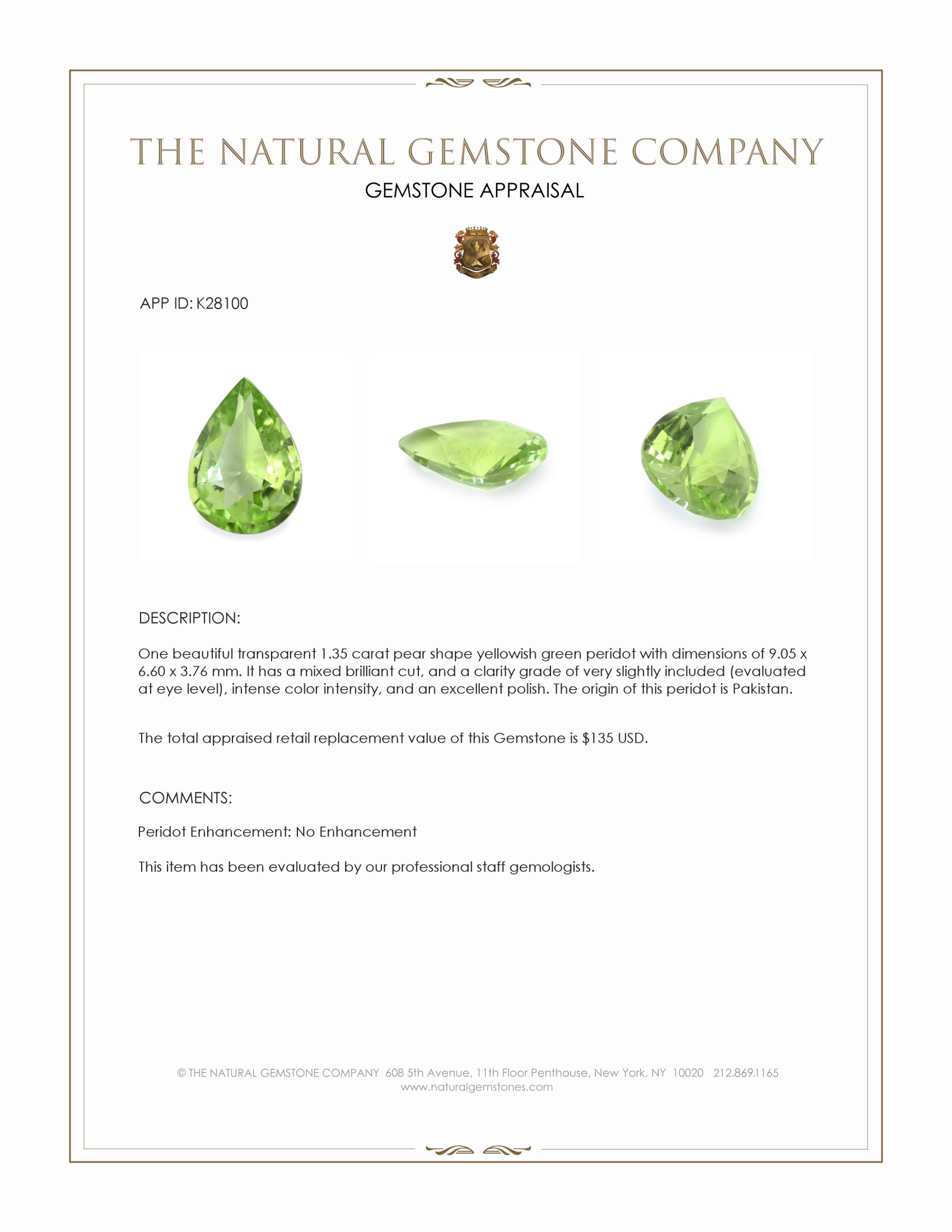 1.35 Ct. Yellowish Green Peridot from Pakistan