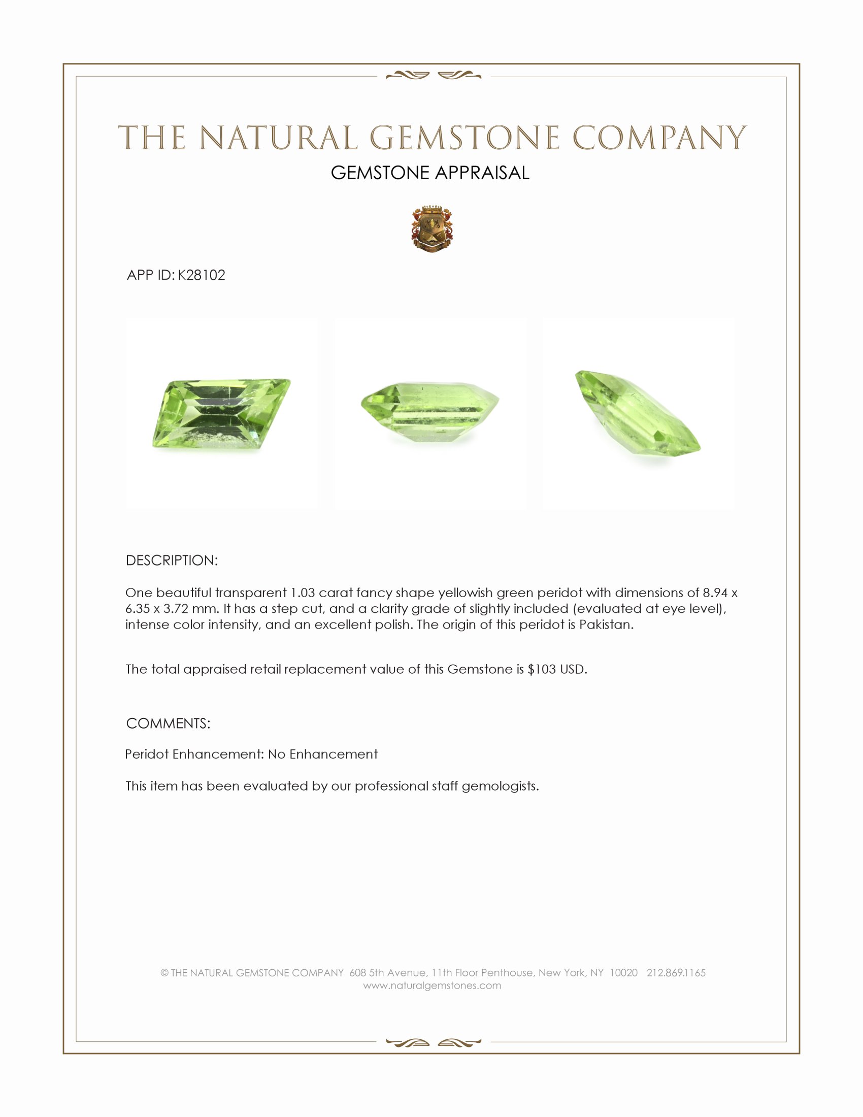 1.03 Ct. Yellowish Green Peridot from Pakistan