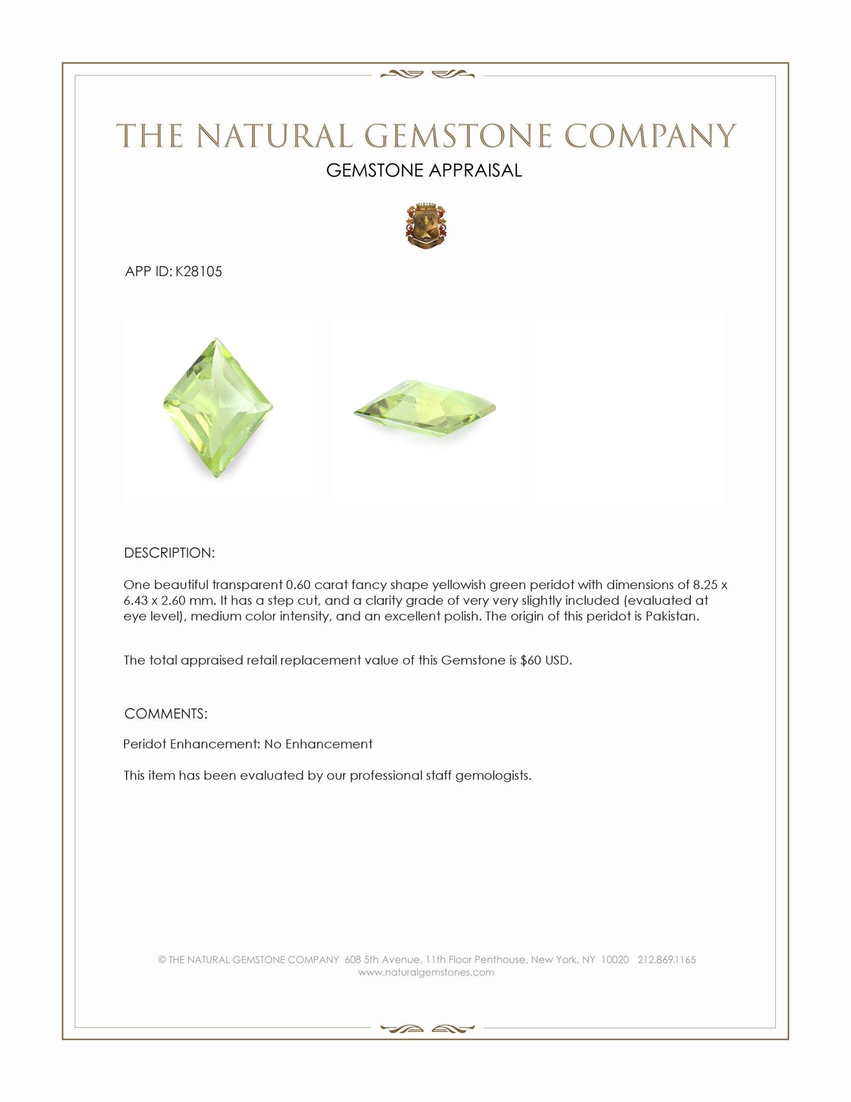 0.60 Ct. Yellowish Green Peridot from Pakistan