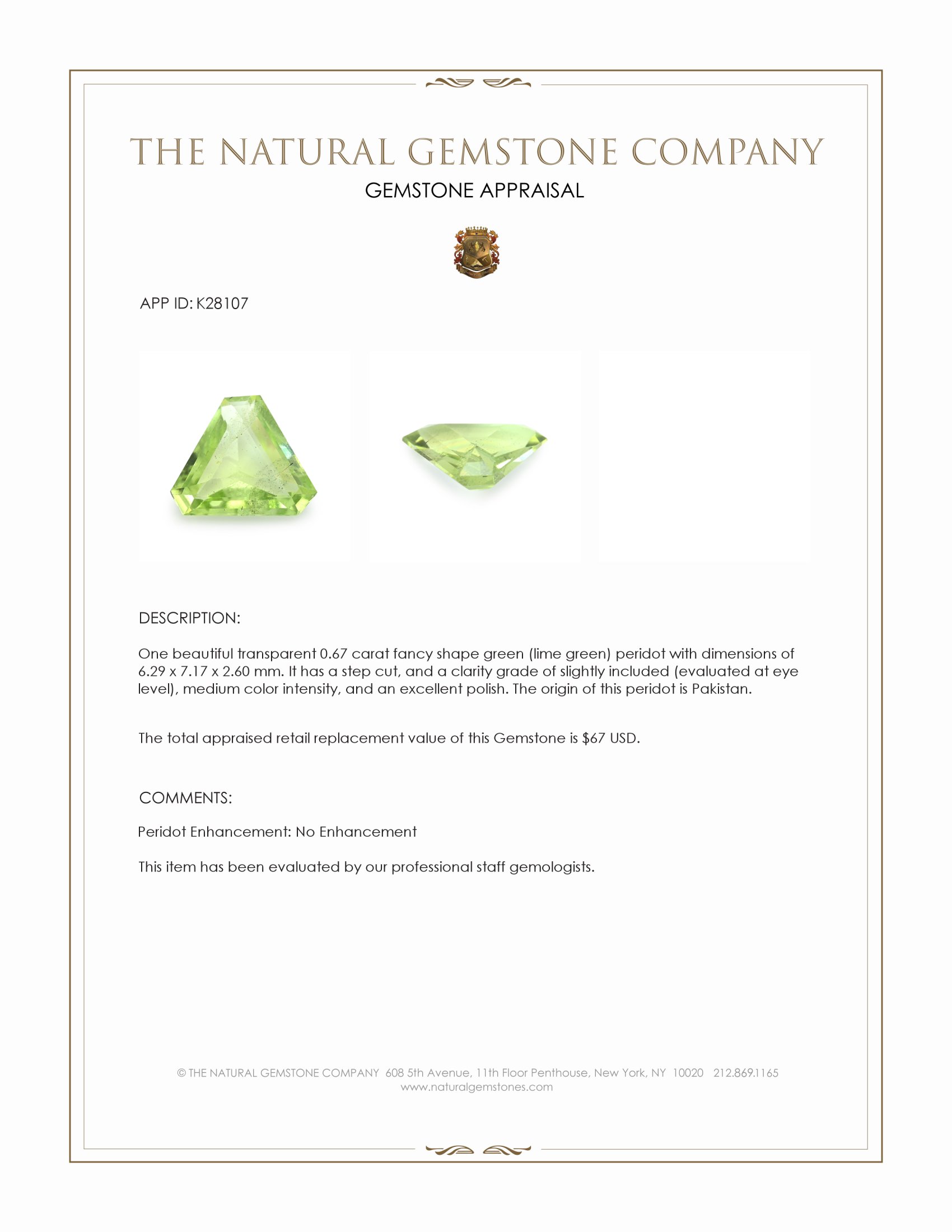 0.67 Ct. Green (Lime Green) Peridot from Pakistan