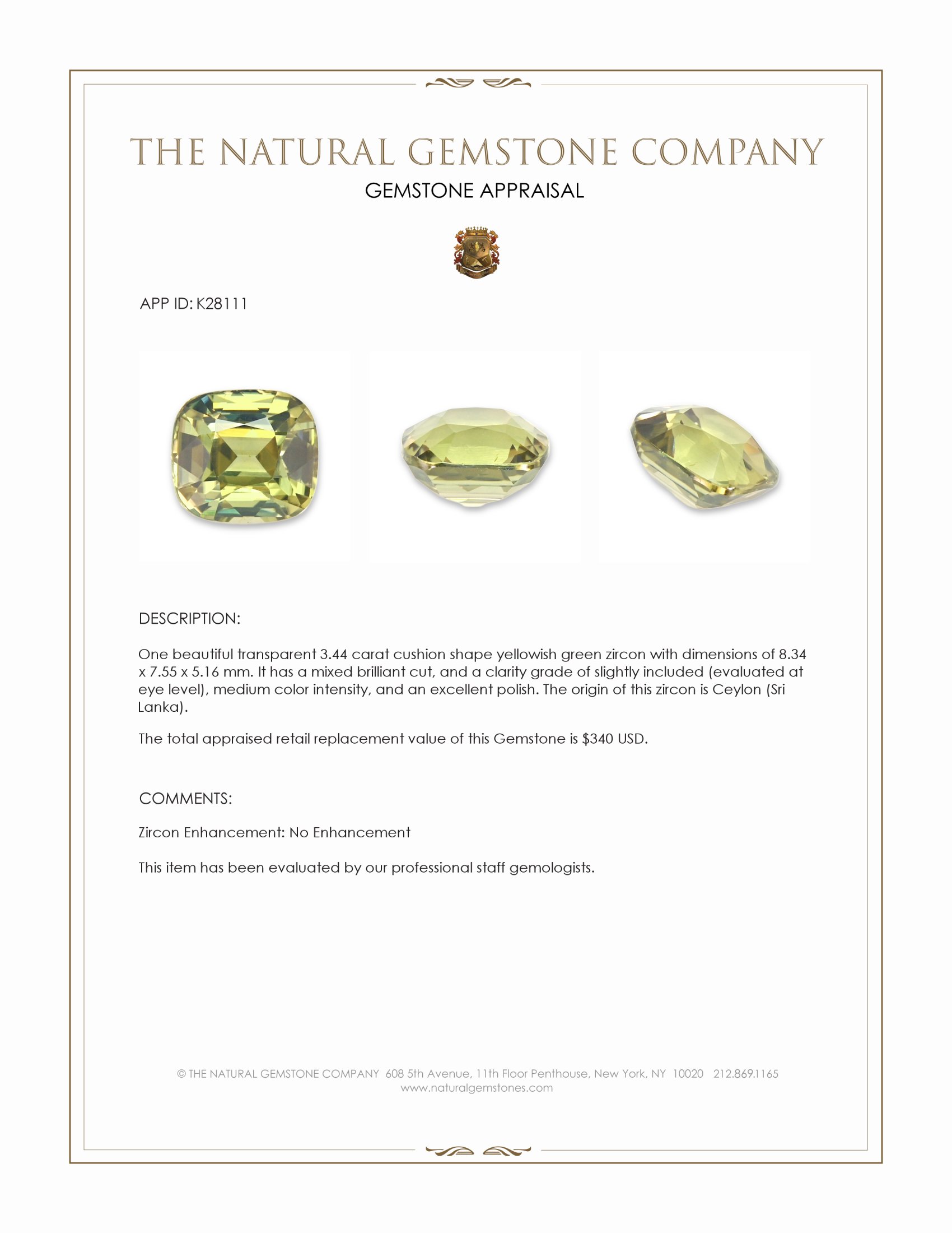3.44 Ct. Yellowish Green Zircon from Ceylon (Sri Lanka)