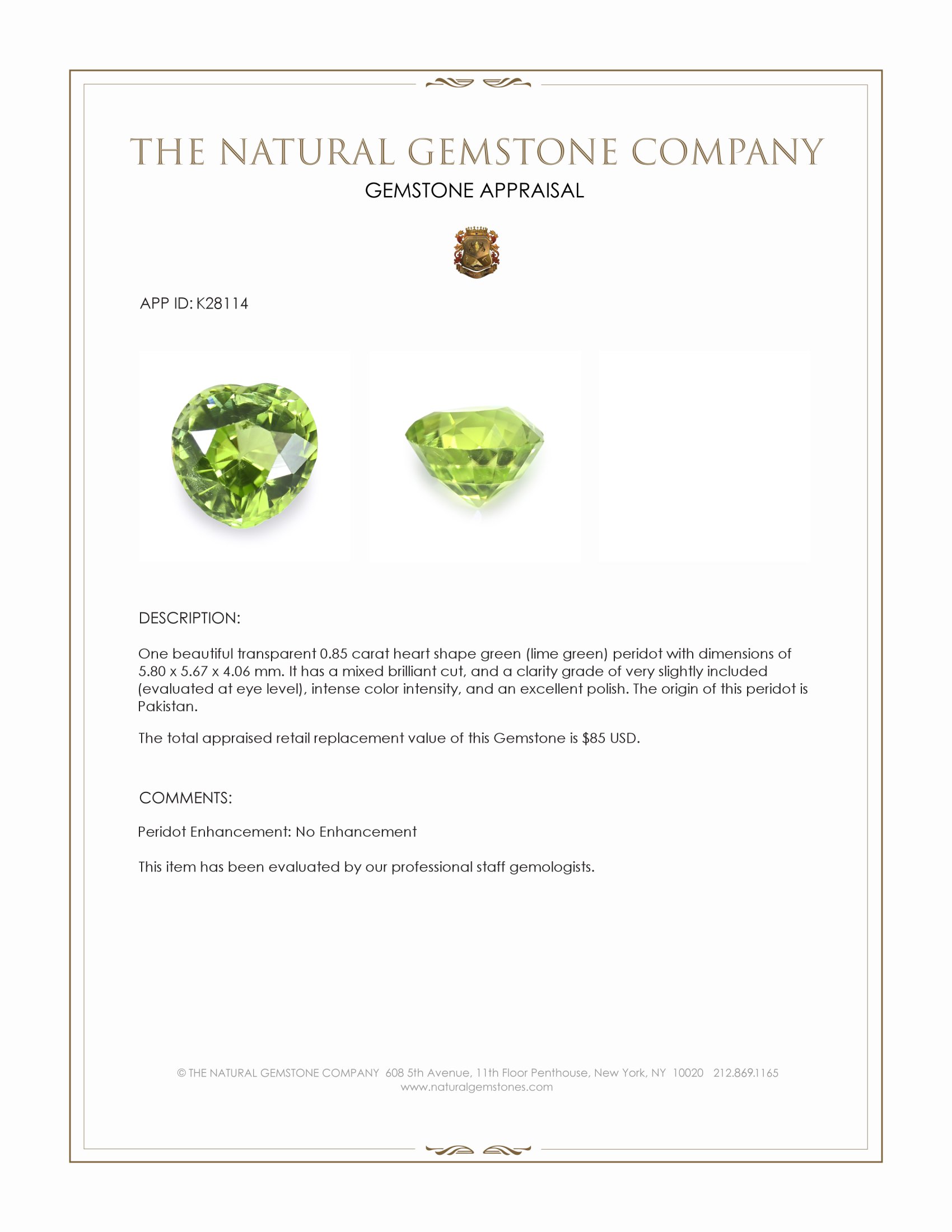 0.85 Ct. Green (Lime Green) Peridot from Pakistan