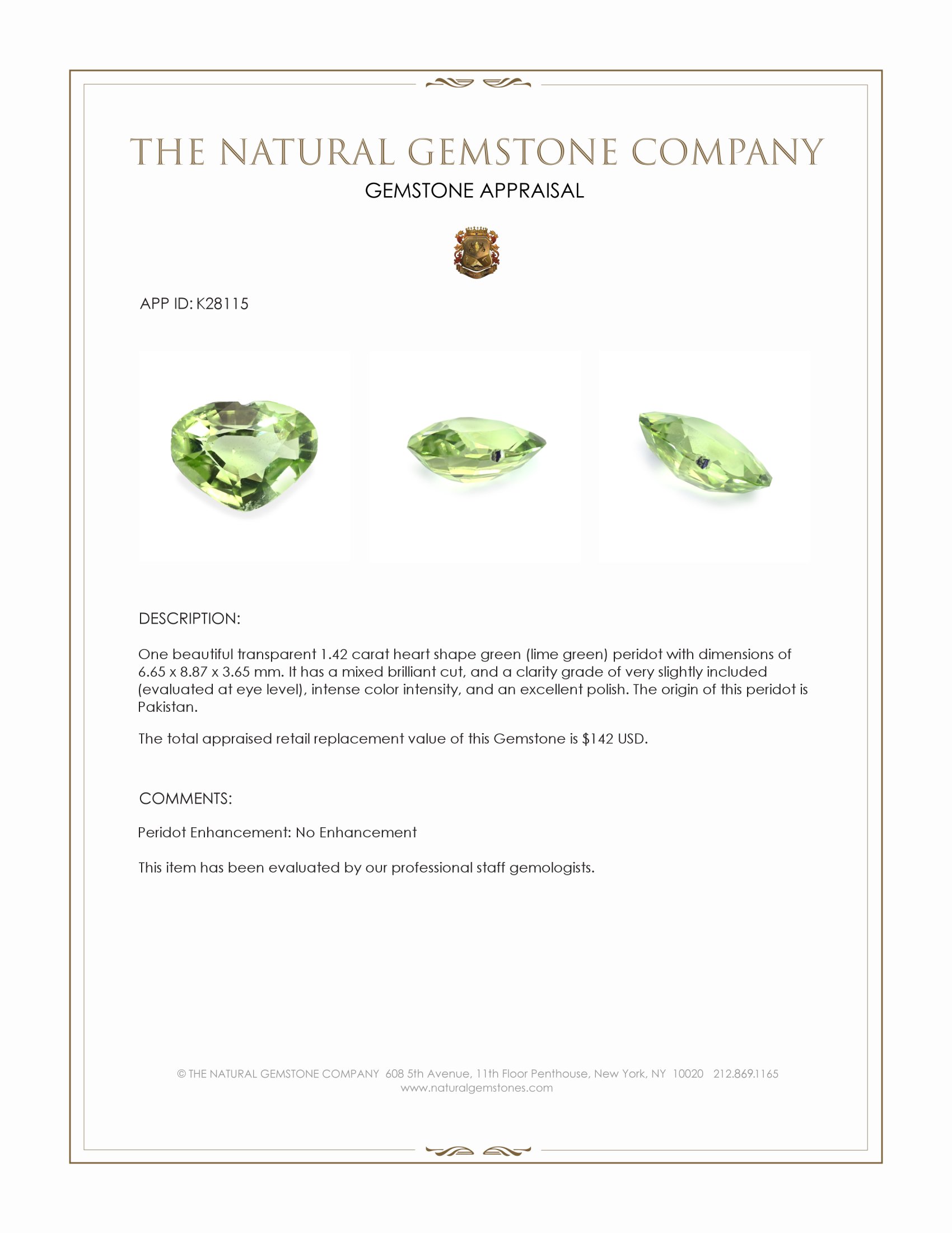 1.42 Ct. Green (Lime Green) Peridot from Pakistan
