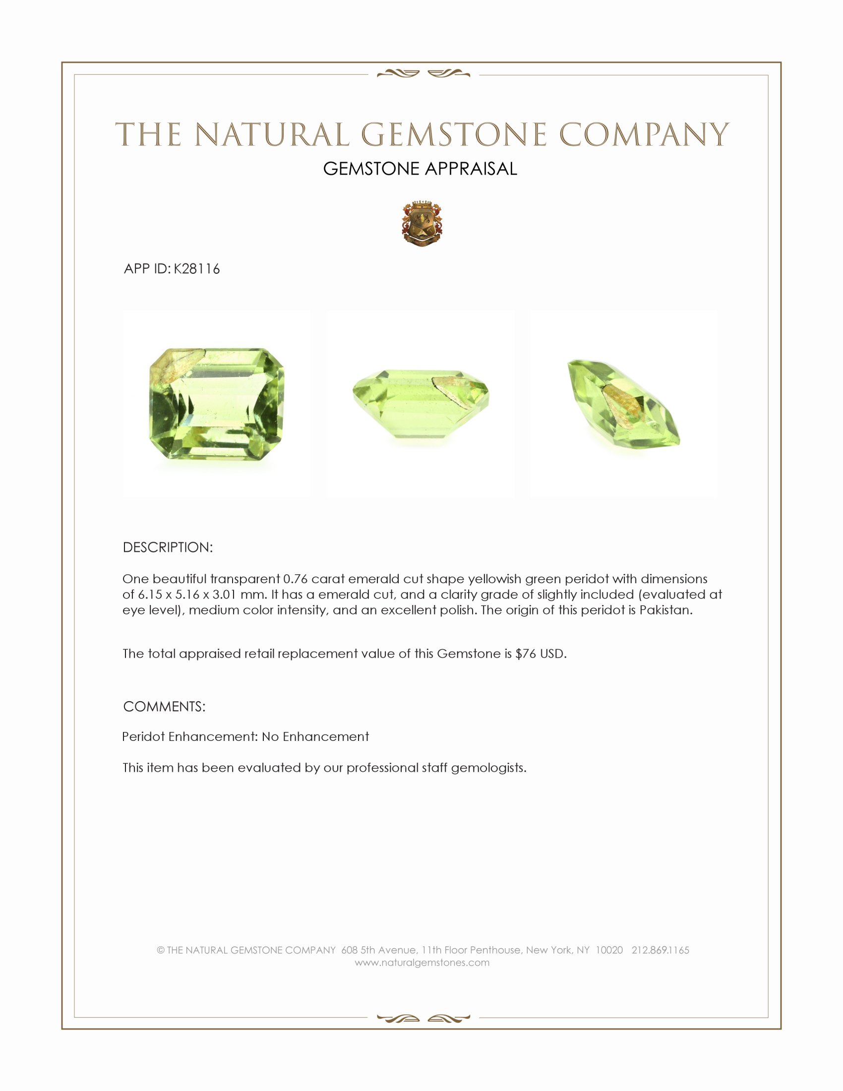 0.76 Ct. Yellowish Green Peridot from Pakistan