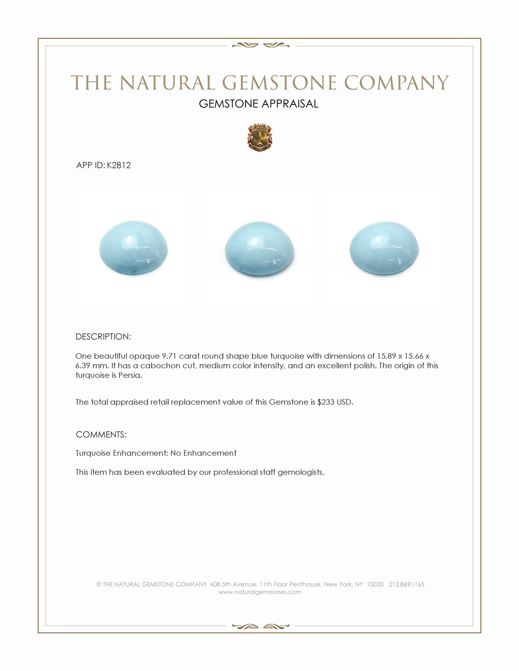 9.71 Ct. Cabochon Turquoise from Persia