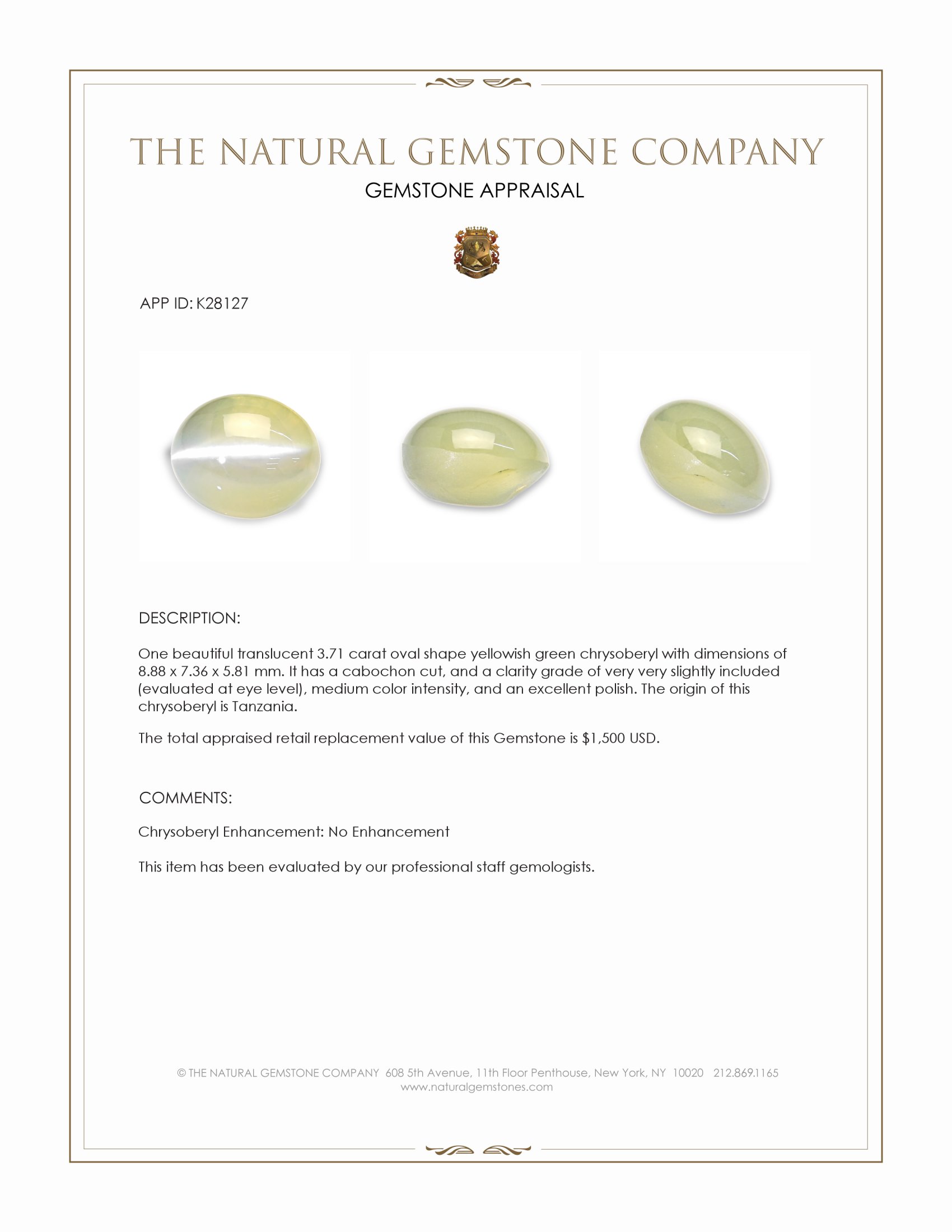 3.71 Ct. Yellowish Green Cabochon Chrysoberyl from Tanzania