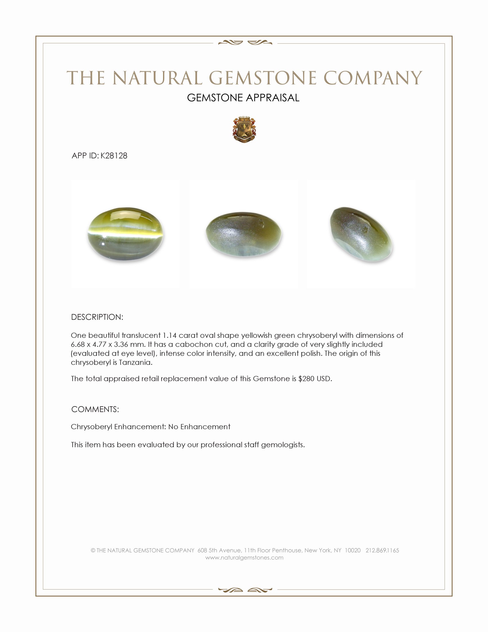 1.14 Ct. Yellowish Green Cabochon Chrysoberyl from Tanzania