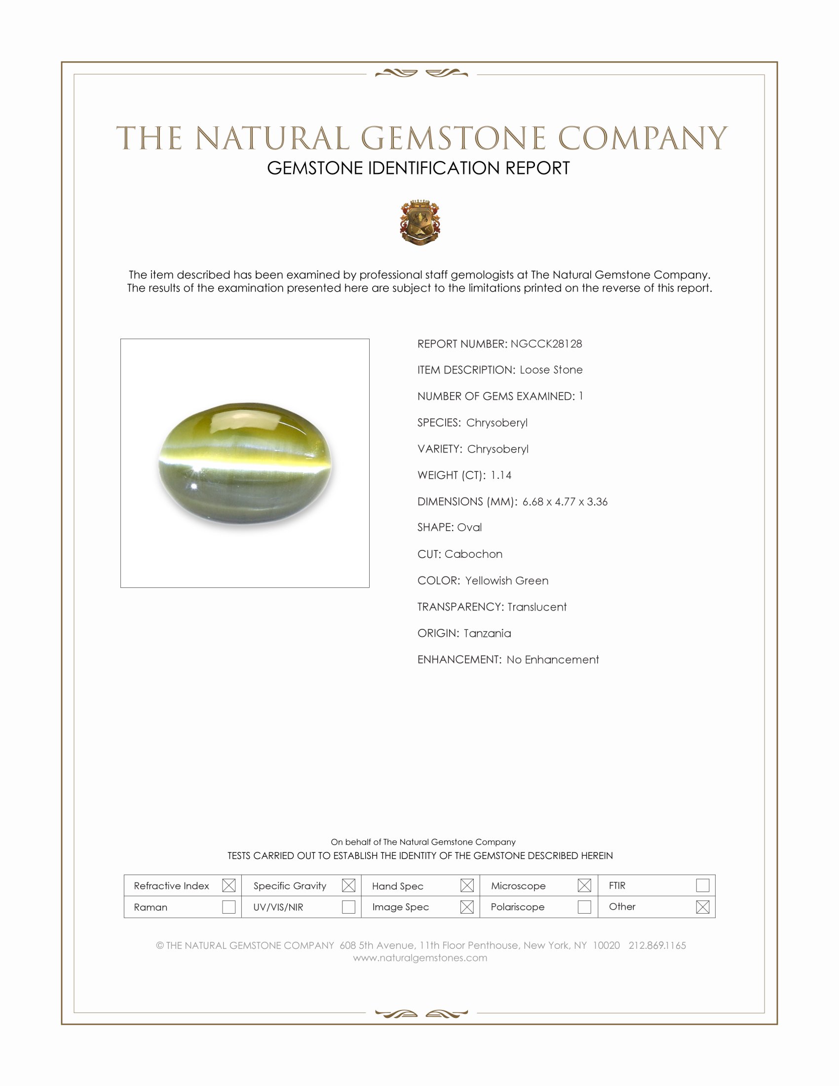 1.14 Ct. Yellowish Green Cabochon Chrysoberyl from Tanzania