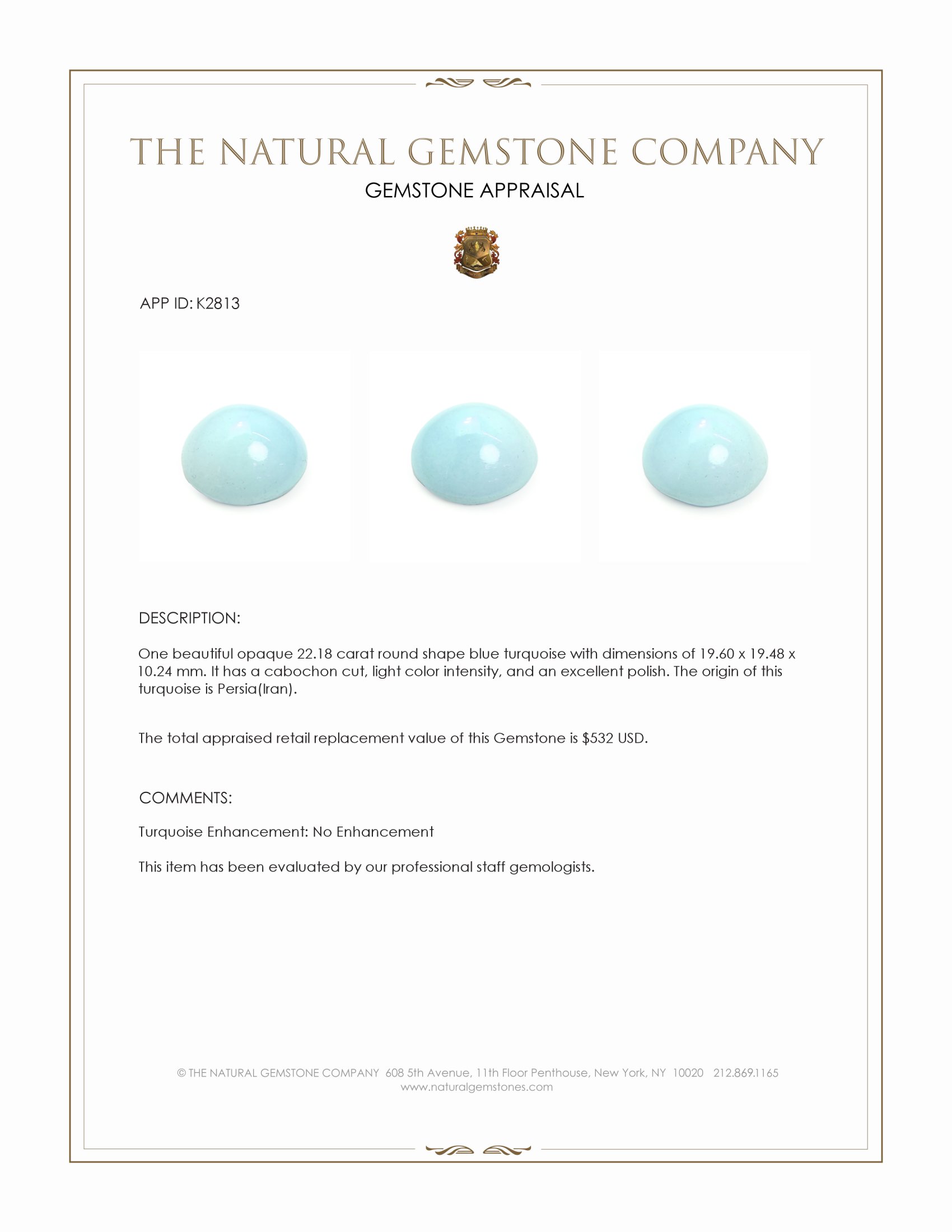 22.18 Ct. Cabochon Turquoise from Persia(Iran)