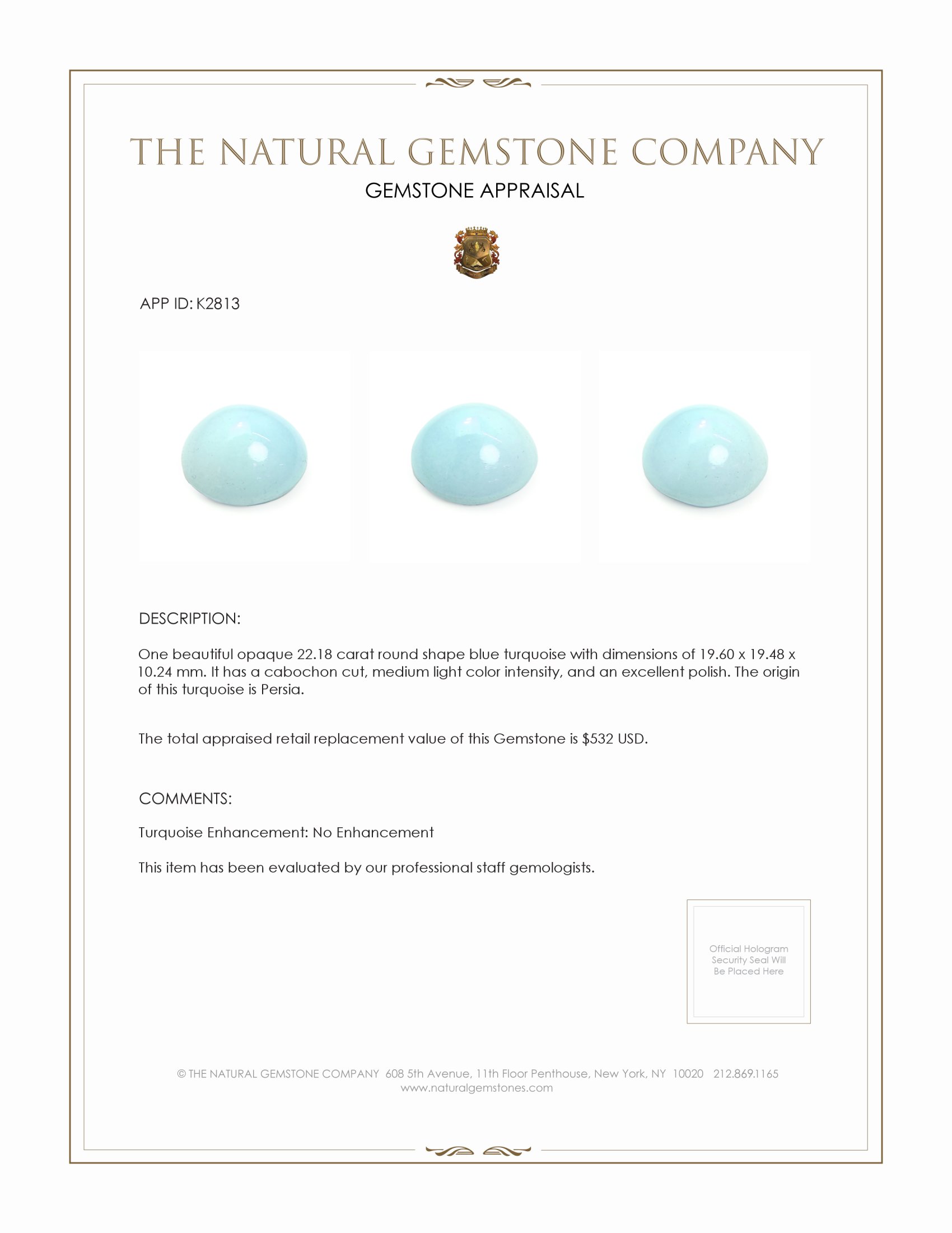 22.18 Ct. Cabochon Turquoise from Persia