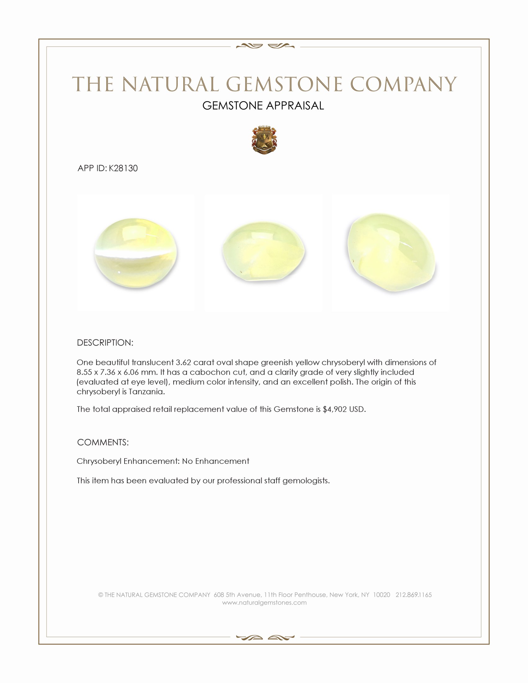 3.62 Ct. Greenish Yellow Cabochon Chrysoberyl from Tanzania